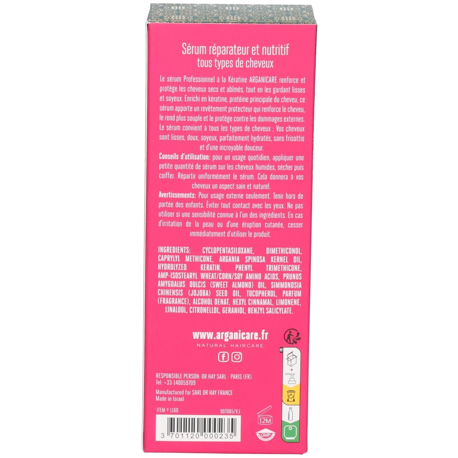 Arrière de l'emballage du sérum capillaire Arganicare Kératine avec ingrédients et instructions.