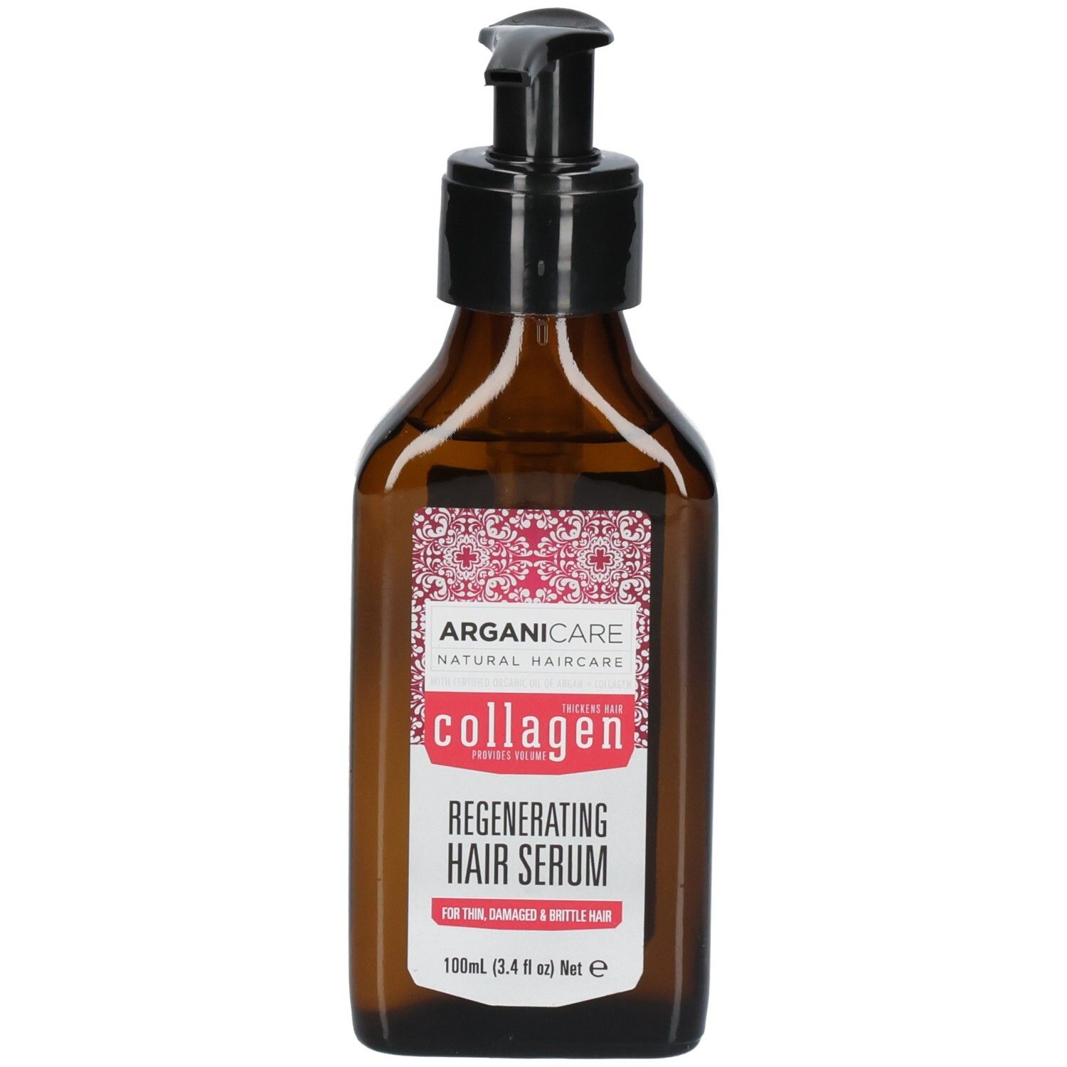 Bruine glazen fles met pompdos voor haarserum. Etiket met "Arganicare Collagen Regenerating Hair Serum" en "100ml".