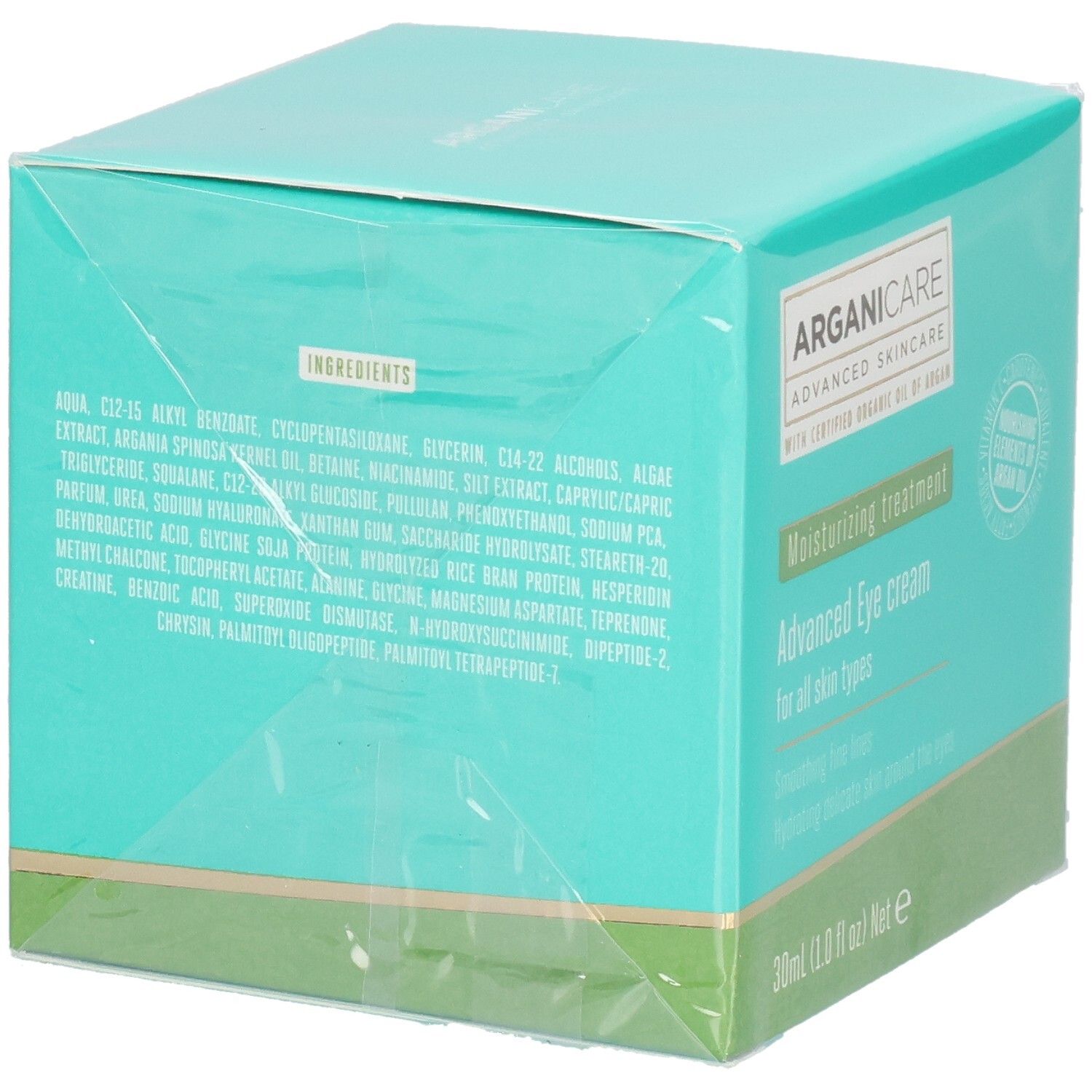 Arganicare Advanced Eye Cream verpakking met ingrediëntenlijst.