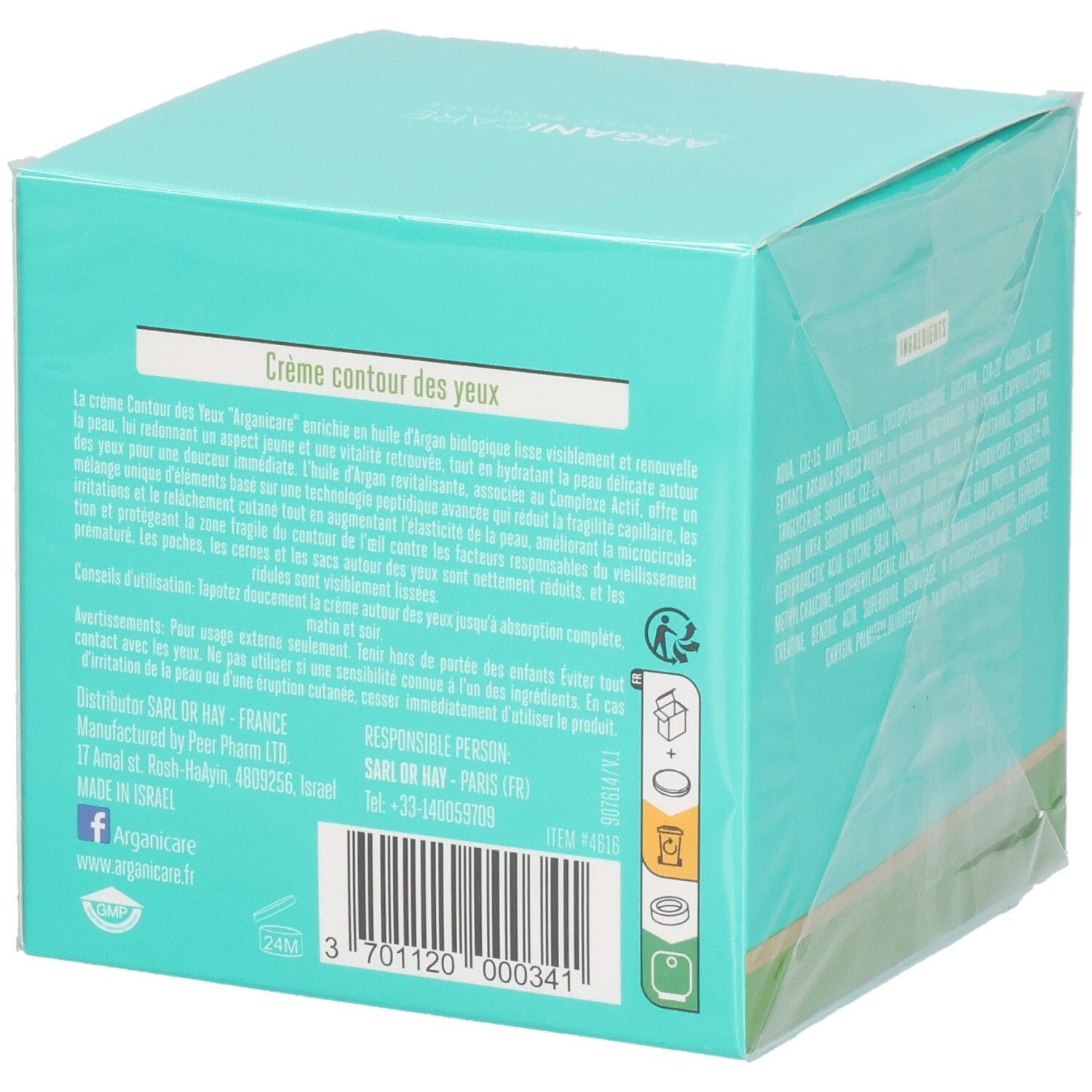 Achterkant van de Arganicare Advanced Eye Cream verpakking met gebruiksinstructies en fabrikantinformatie.