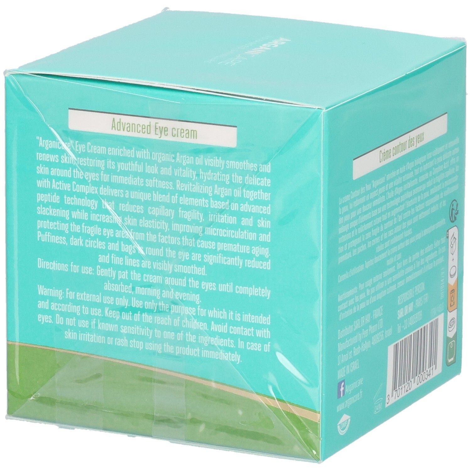 Arganicare Advanced Eye Cream verpakking met Engelse productomschrijving en waarschuwingen.