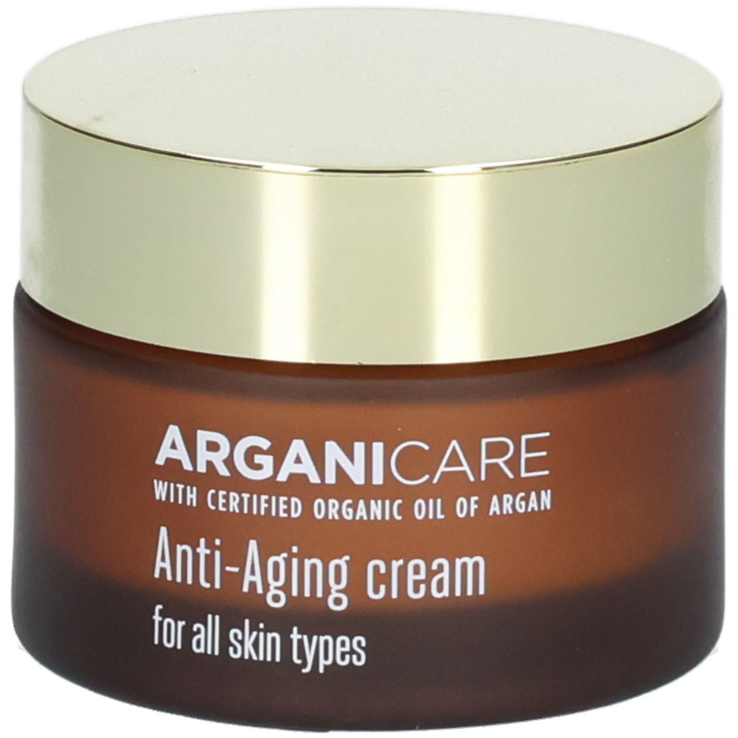 Crème visage Arganicare Anti-Aging dans un pot en verre brun avec un couvercle doré.