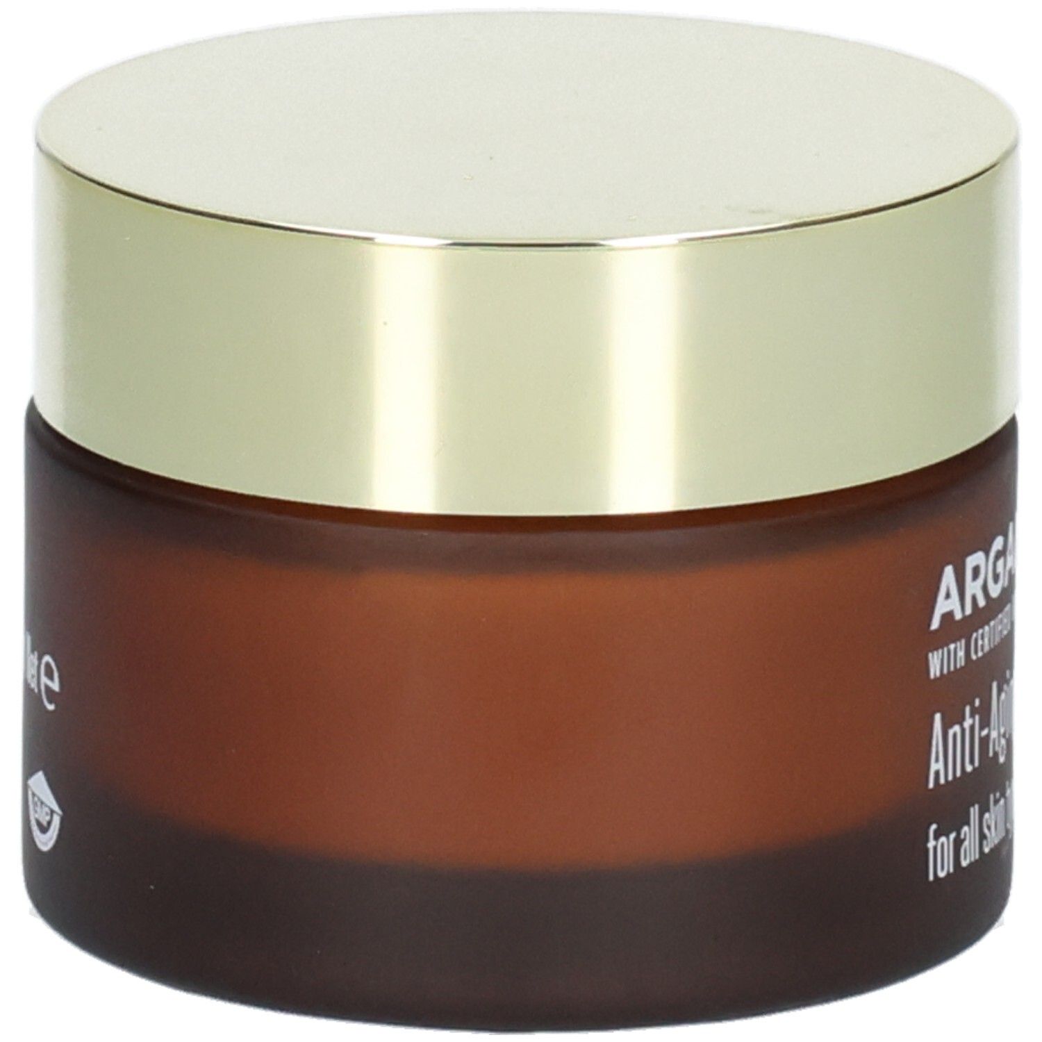 Crème visage Arganicare Anti-Aging, vue latérale du pot en verre brun avec couvercle doré.