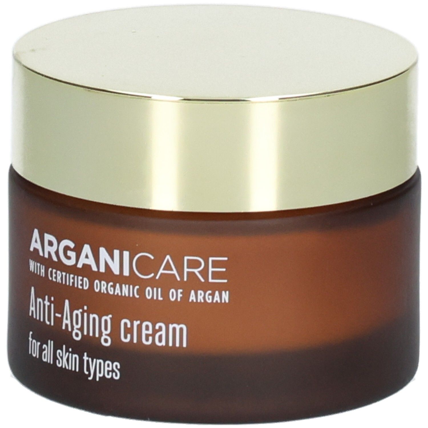 Crème visage Arganicare Anti-Aging dans un pot en verre brun avec couvercle doré, vue de face.