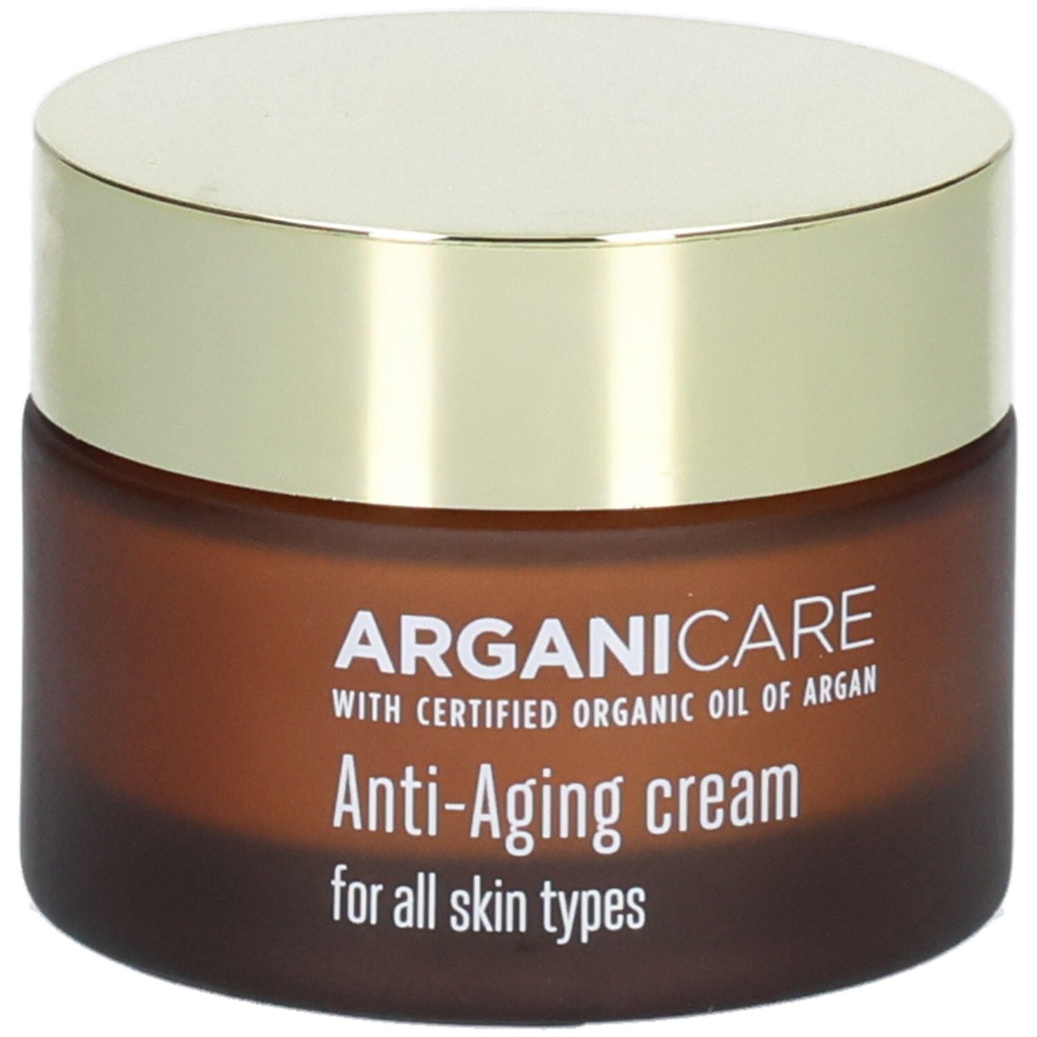 Crème visage Arganicare Anti-Aging dans un pot en verre brun avec couvercle doré, vue légèrement en biais.