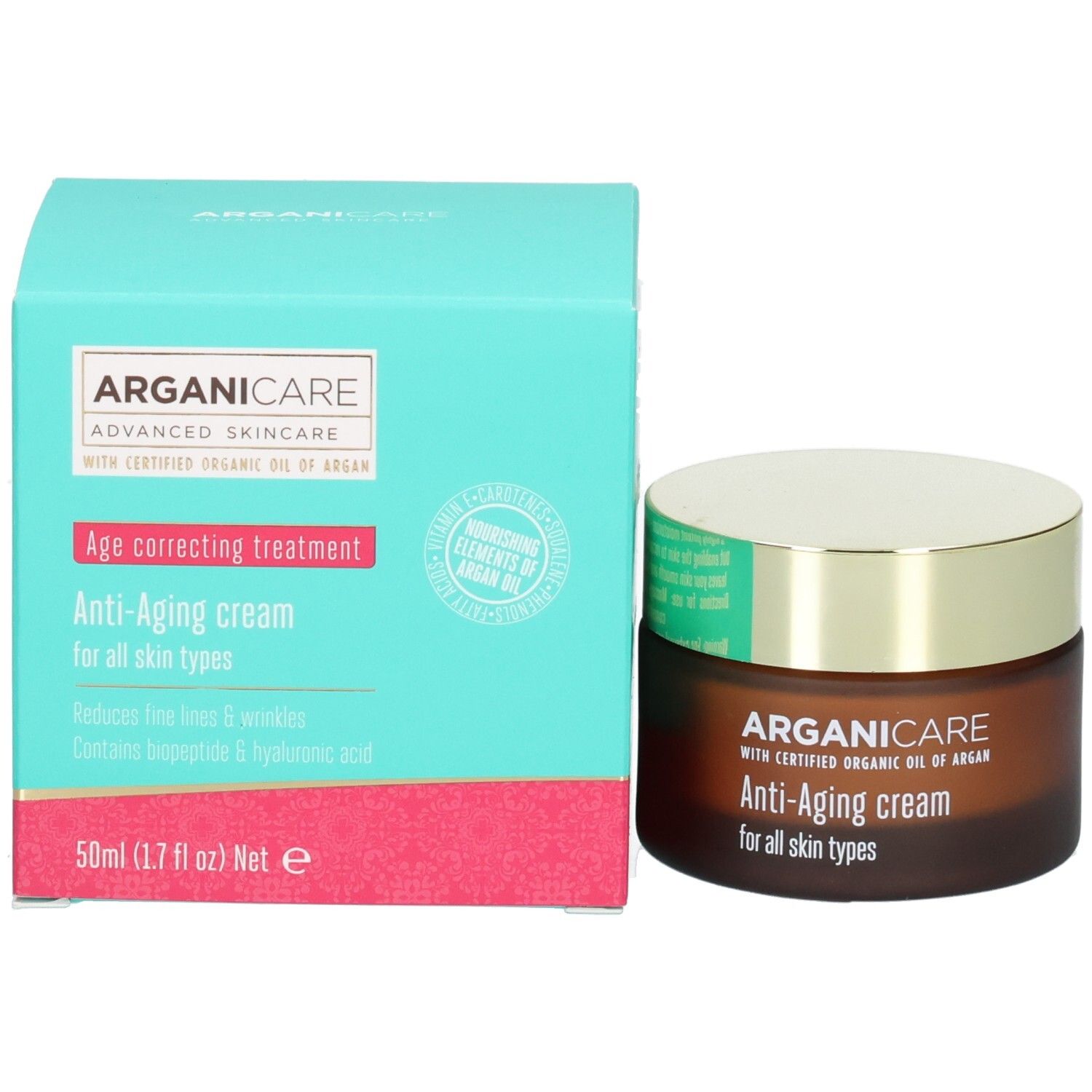 Crème visage Arganicare Anti-Aging avec emballage : boîte turquoise et pot en verre brun.