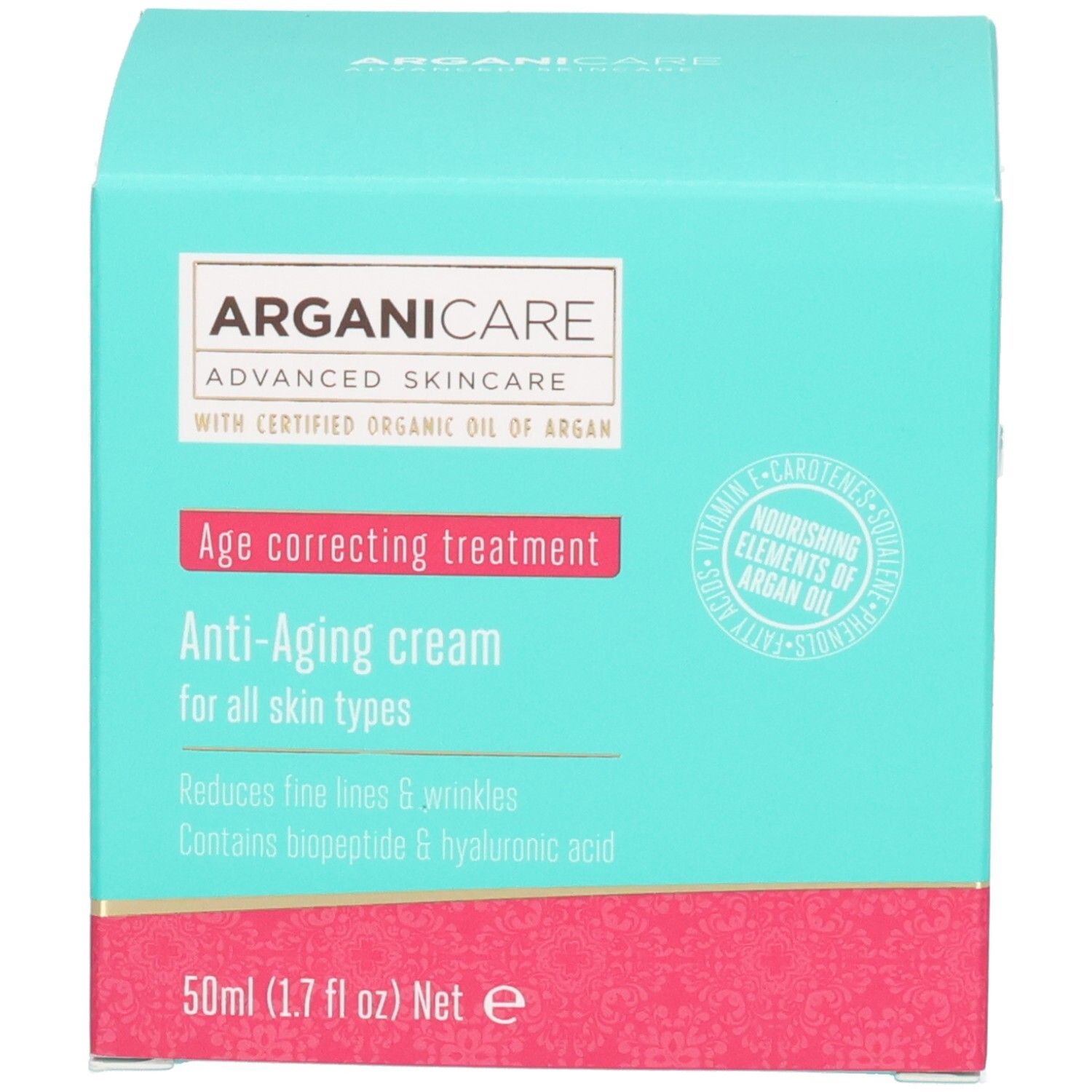 Emballage crème visage Arganicare Anti-Aging : boîte turquoise avec informations produit.