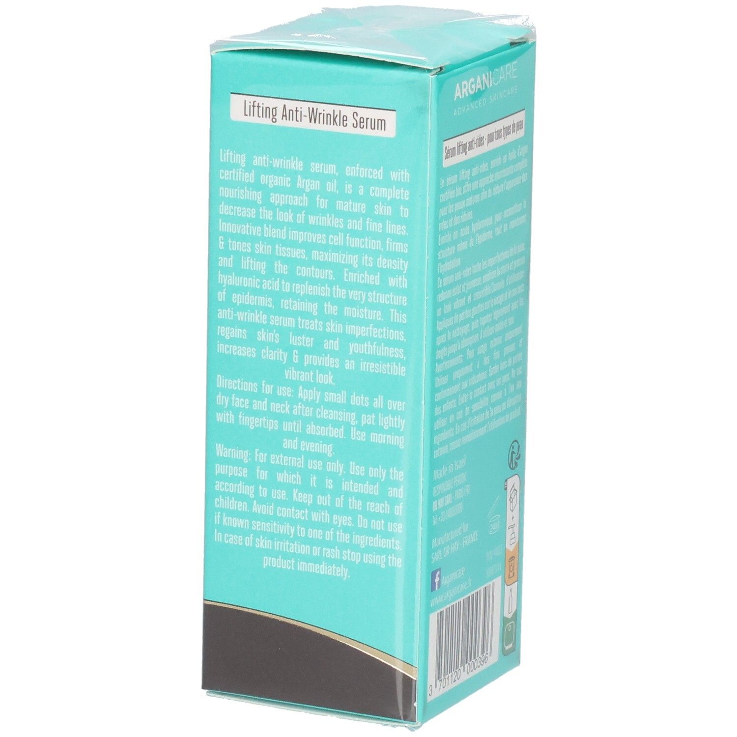 Boîte pliante turquoise, indiquant "ARGANICARE Lifting Anti-Wrinkle Serum".