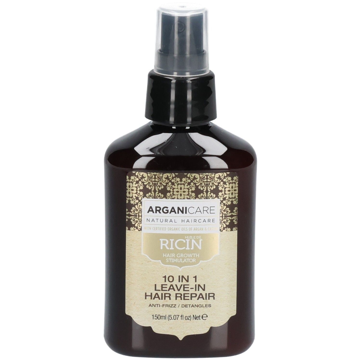 Arganicare Spray réparateur sans rinçage 10-en-1 à l'huile de ricin. Flacon brun avec vaporisateur et étiquette.