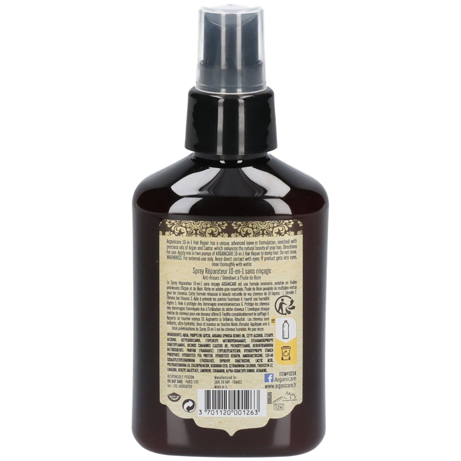 Arrière du spray réparateur sans rinçage Arganicare 10-en-1. Flacon avec informations détaillées sur le produit et code-barres.