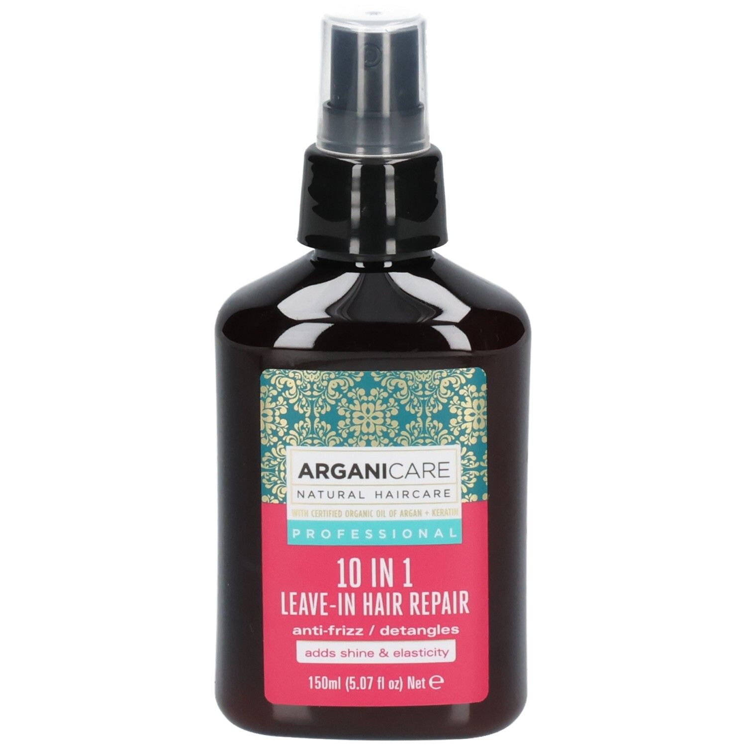 Arganicare 10-in-1 Leave-In Haarherstel Spray met Argan en Keratine. Donkere fles met spuitkop.