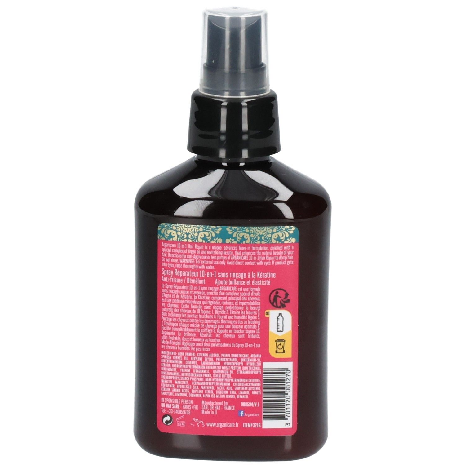 Arganicare 10-in-1 Leave-In Haarherstel Spray. Achterkant van de fles met ingrediënten en instructies.