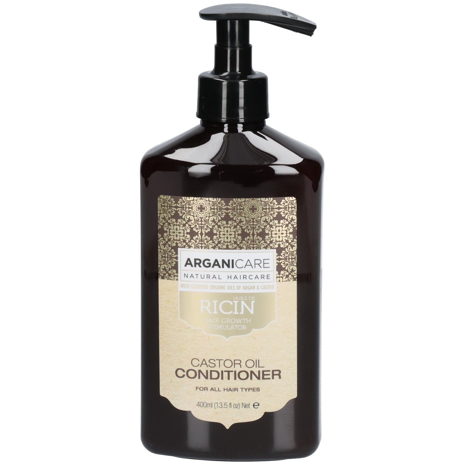 Bruine fles met pompdos, Arganicare Castor Oil Conditioner voor alle haartypes, 400ml.
