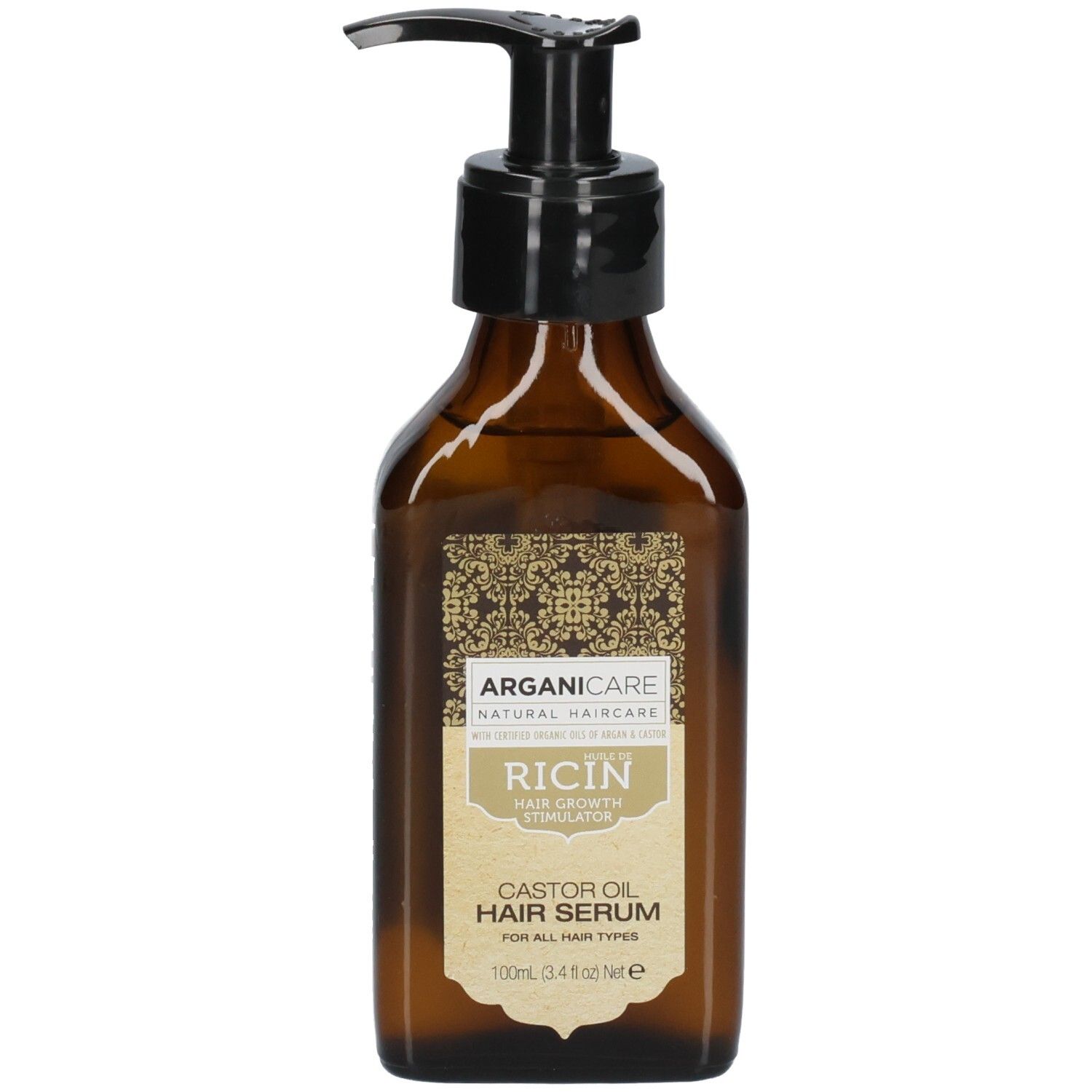 Arganicare Beschermend Ricinusolie Serum: Bruine glazen fles met pompdispenser. Haarserum voor alle haartypes.