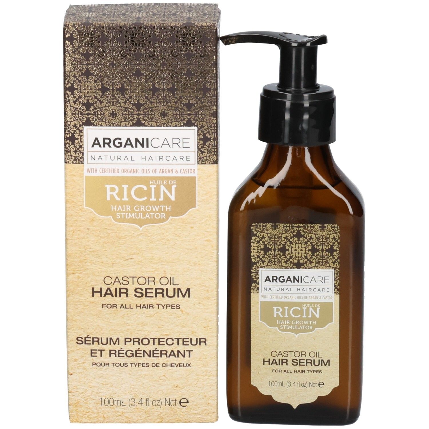 Arganicare Beschermend Ricinusolie Serum: Fles en verpakking. Haarserum met ricinusolie voor alle haartypes.