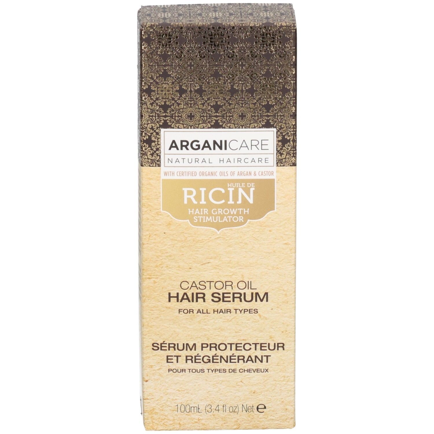 Verpakking van Arganicare Beschermend Ricinusolie Serum. Met gedetailleerde productinformatie.