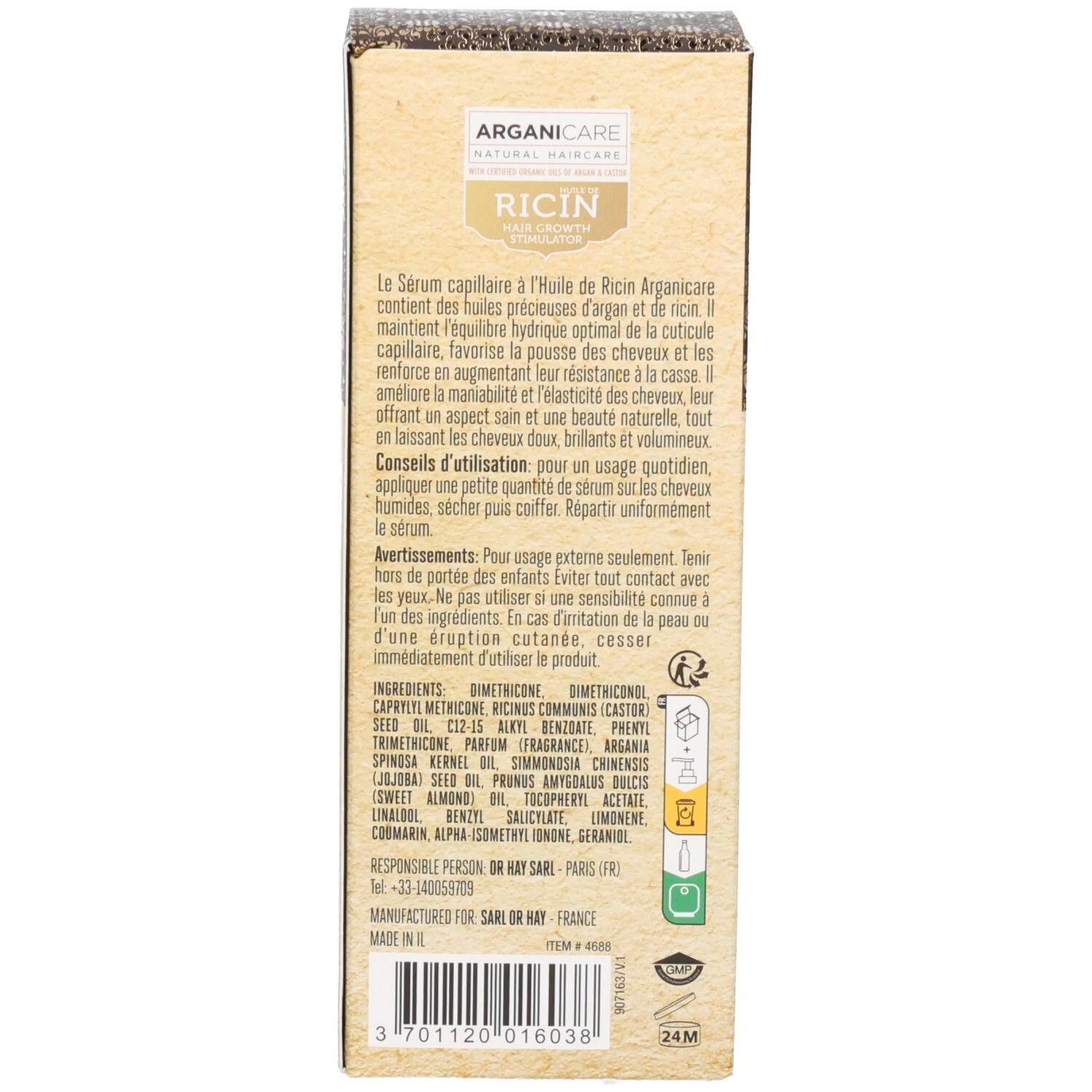 Zijde van de Arganicare Beschermend Ricinusolie Serum verpakking met ingrediënten en waarschuwingen.