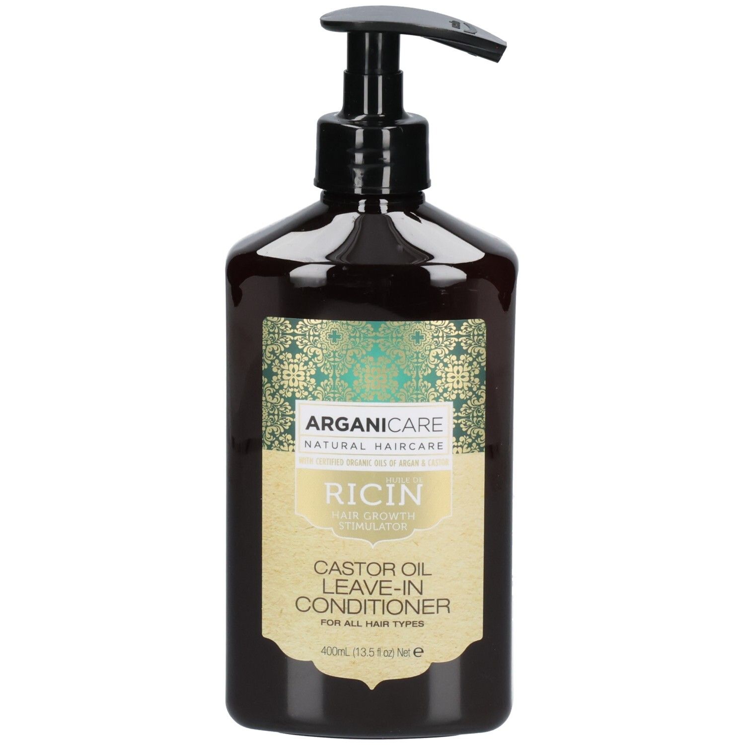 Arganicare Castor Oil Leave-In Conditioner fles met pompdos. Donkerbruine fles met groen-gouden etiket.