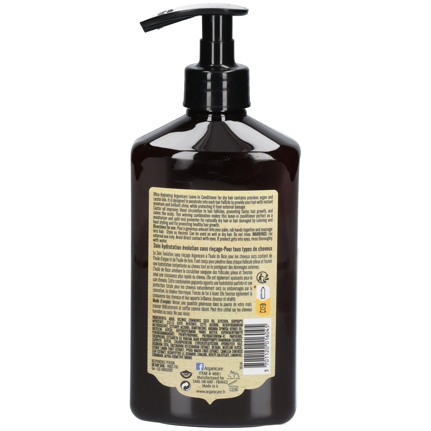 Achterkant van de Arganicare Castor Oil Leave-In Conditioner fles met gedetailleerde productinformatie en barcode.