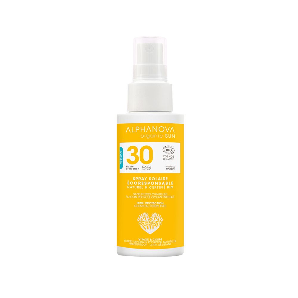 Alphanova zonnebrandspray, gele label, SPF 30, bio-certificering. Witte spraykop.