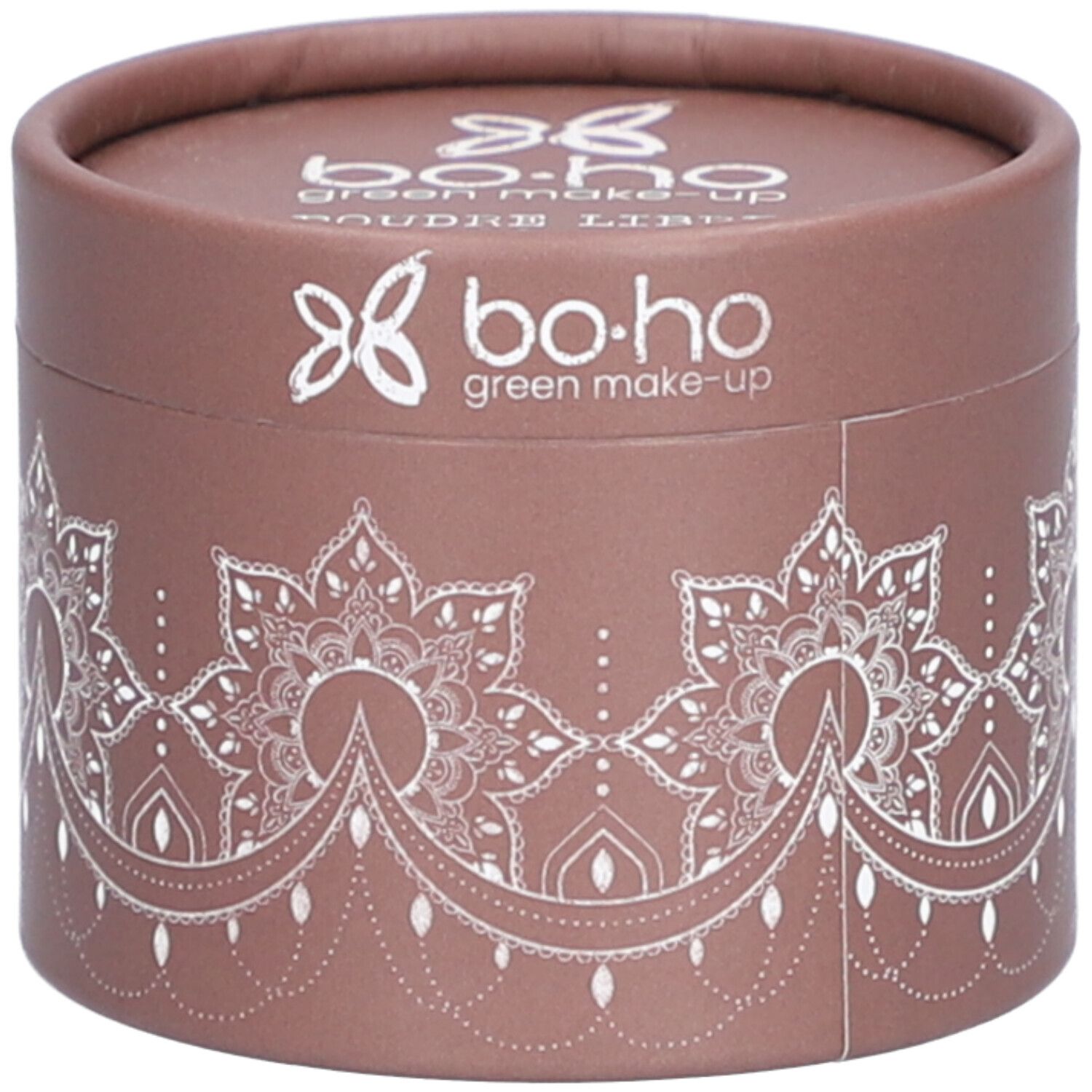 Emballage rond marron avec motif mandala blanc et logo. Texte: bo-ho green make-up, Poudre Libre.