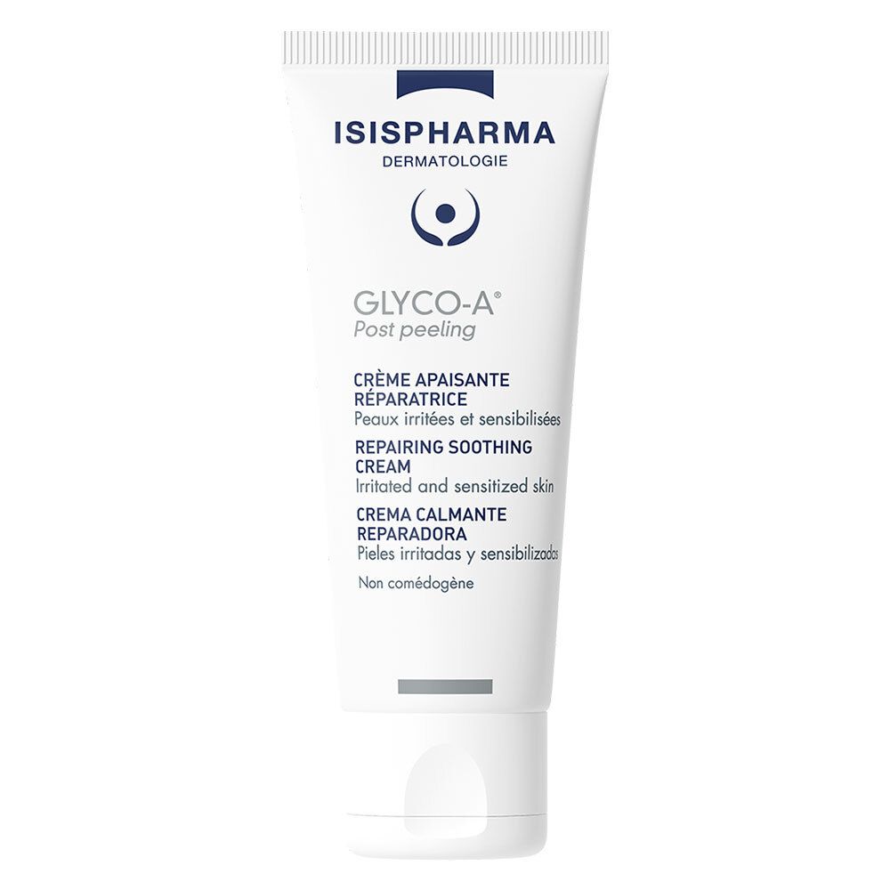 Witte tube met blauwe dop. Opschrift: ISISPHARMA, GLYCO-A Post peeling, Crème apaisante réparatrice, Repairing soothing cream.