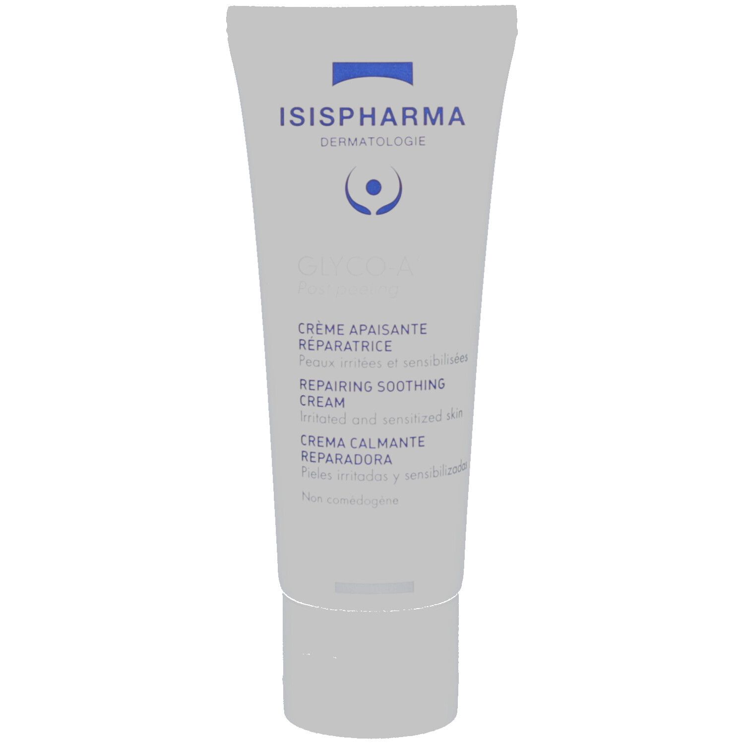 Witte tube met blauwe dop. Opschrift: ISISPHARMA, GLYCO-A Post peeling, Crème apaisante réparatrice, Repairing soothing cream.