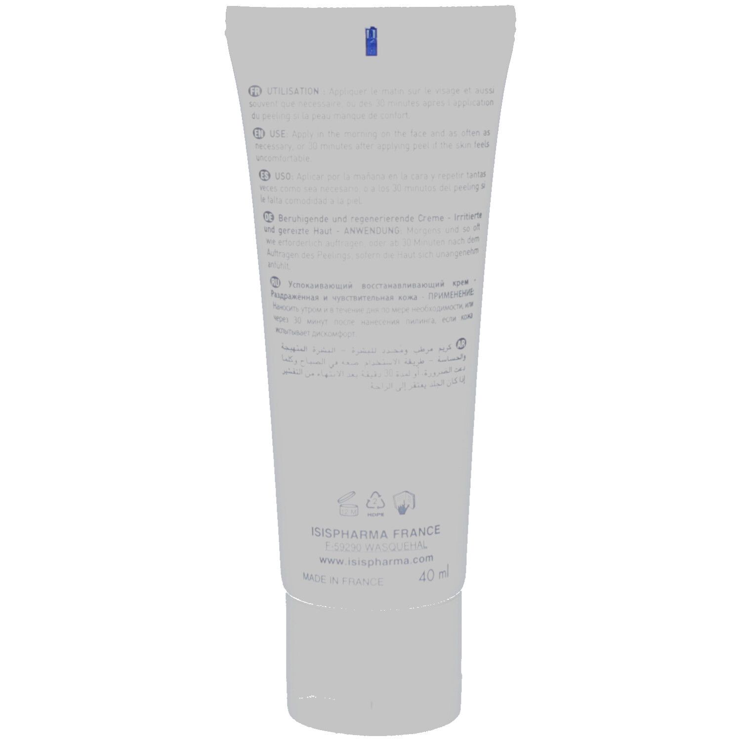 Achterkant van de tube. Meertalige tekst. ISISPHARMA, 40 ml. Gemaakt in Frankrijk. Symbolen voor recycling en cosmetica.