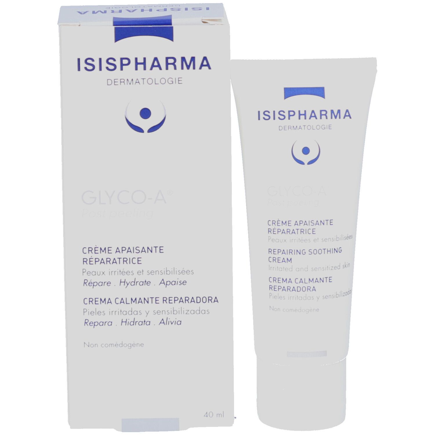 Verpakking en tube. Opschrift: ISISPHARMA, GLYCO-A Post peeling, Crème apaisante réparatrice, Repairing soothing cream. 40 ml.