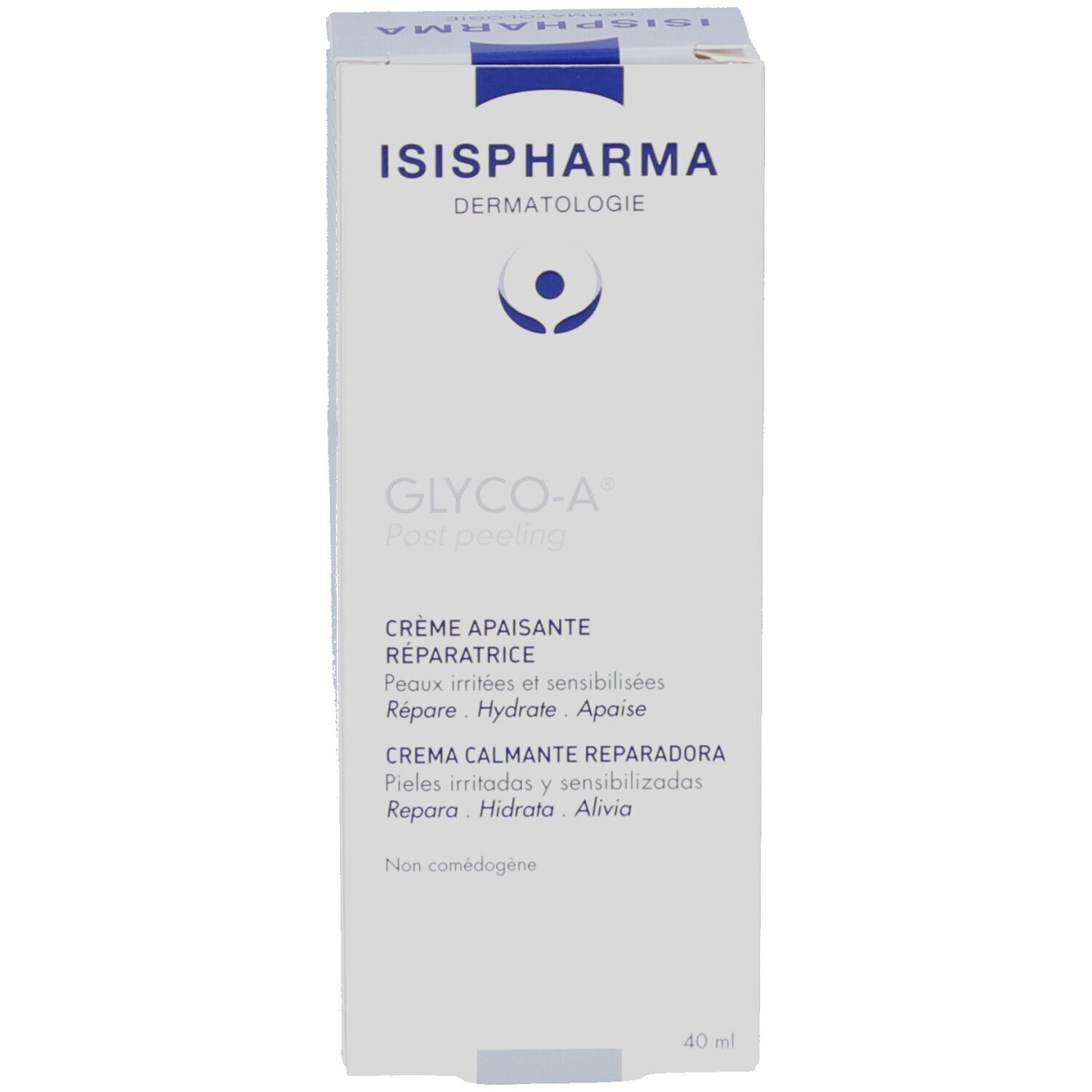 Verpakking. Opschrift: ISISPHARMA, GLYCO-A Post peeling, Crème apaisante réparatrice, Repairing soothing cream. 40 ml.