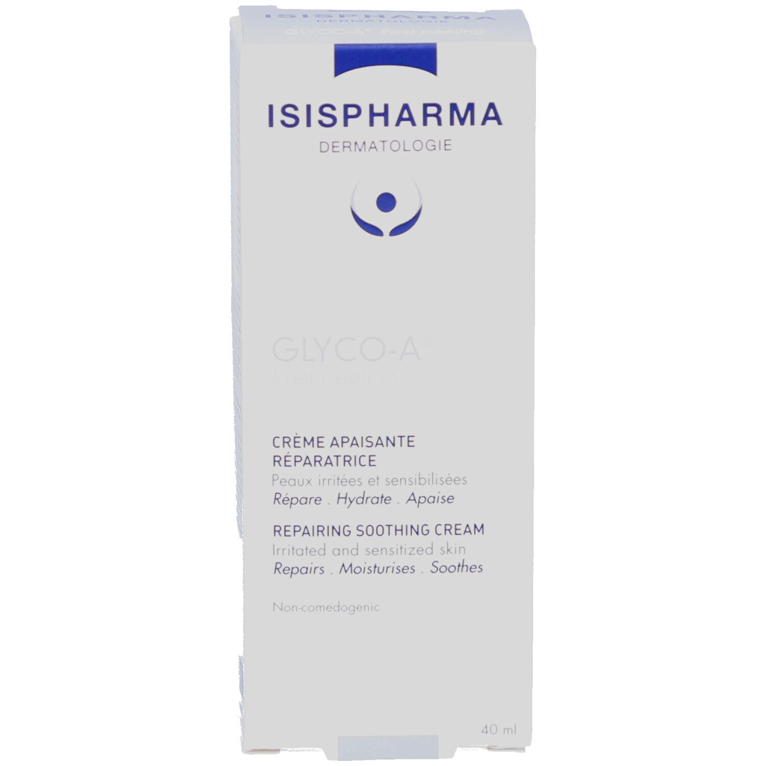 Verpakking. Opschrift: ISISPHARMA, GLYCO-A Post peeling, Crème apaisante réparatrice, Repairing soothing cream. 40 ml.