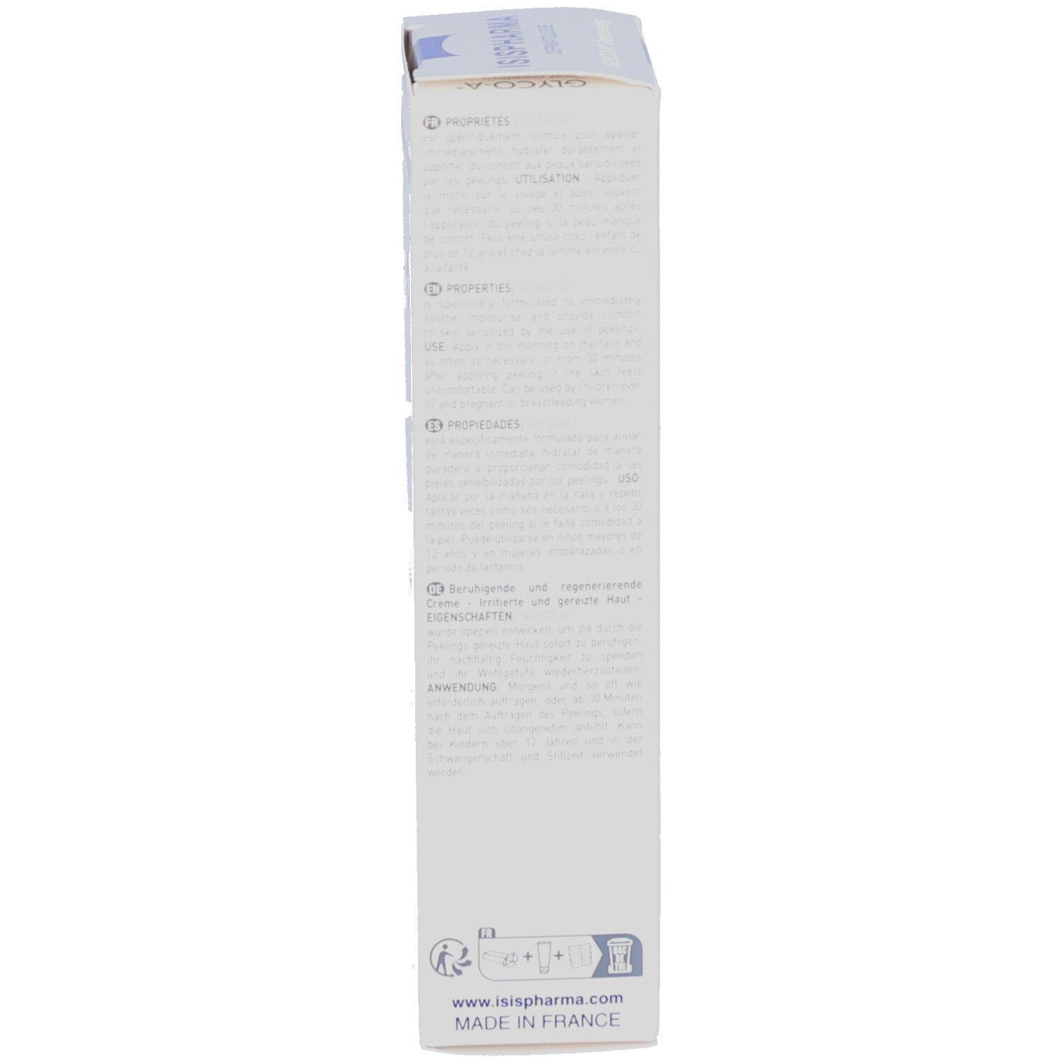 Zijkant van de verpakking. Opschrift: ISISPHARMA, GLYCO-A Post peeling, Eigenschappen, Gemaakt in Frankrijk.