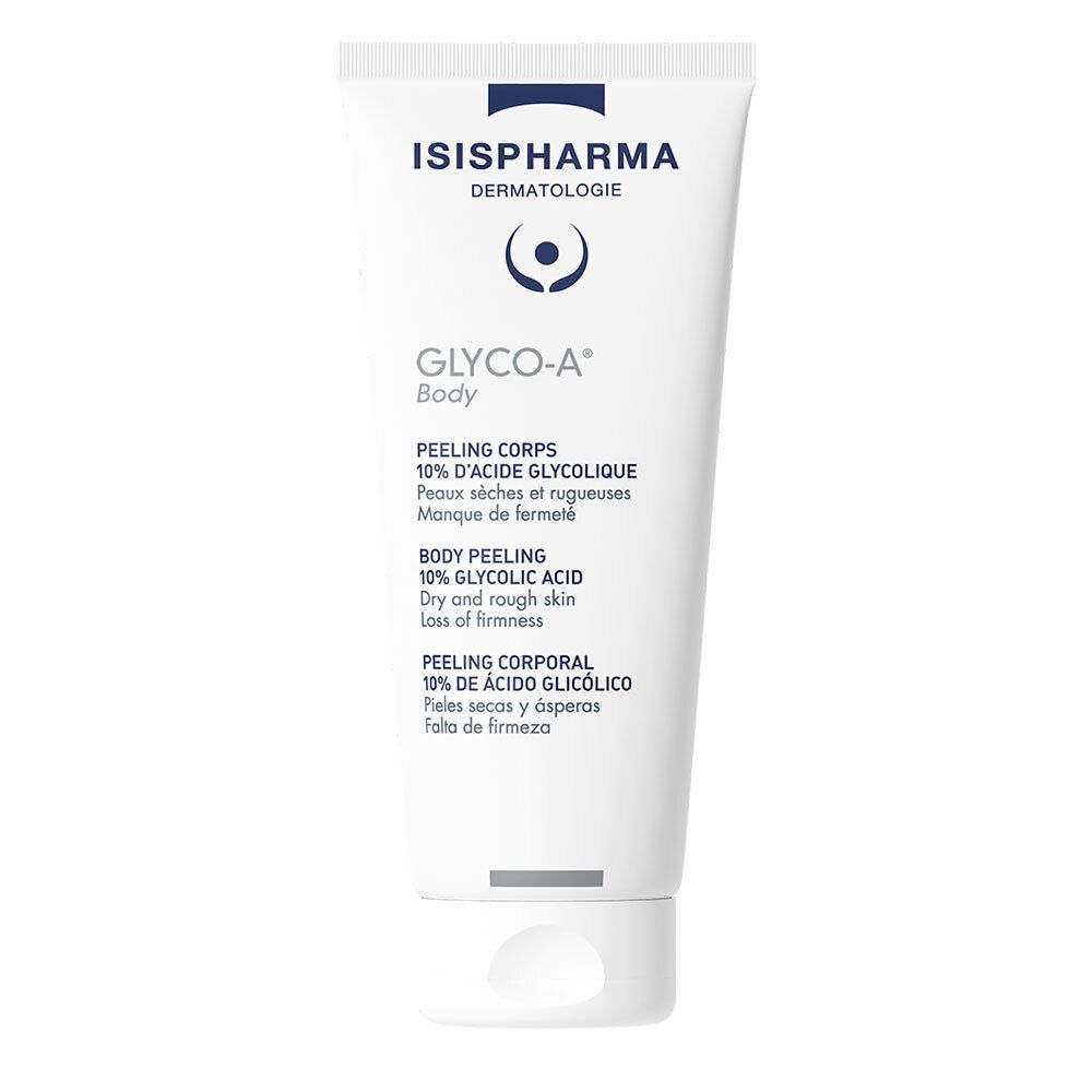 Witte tube met blauwe tekst. Bevat Glyco-A Body. Tekst: Peeling Corps, 10% glycolzuur. Fabrikant: ISISPHARMA.