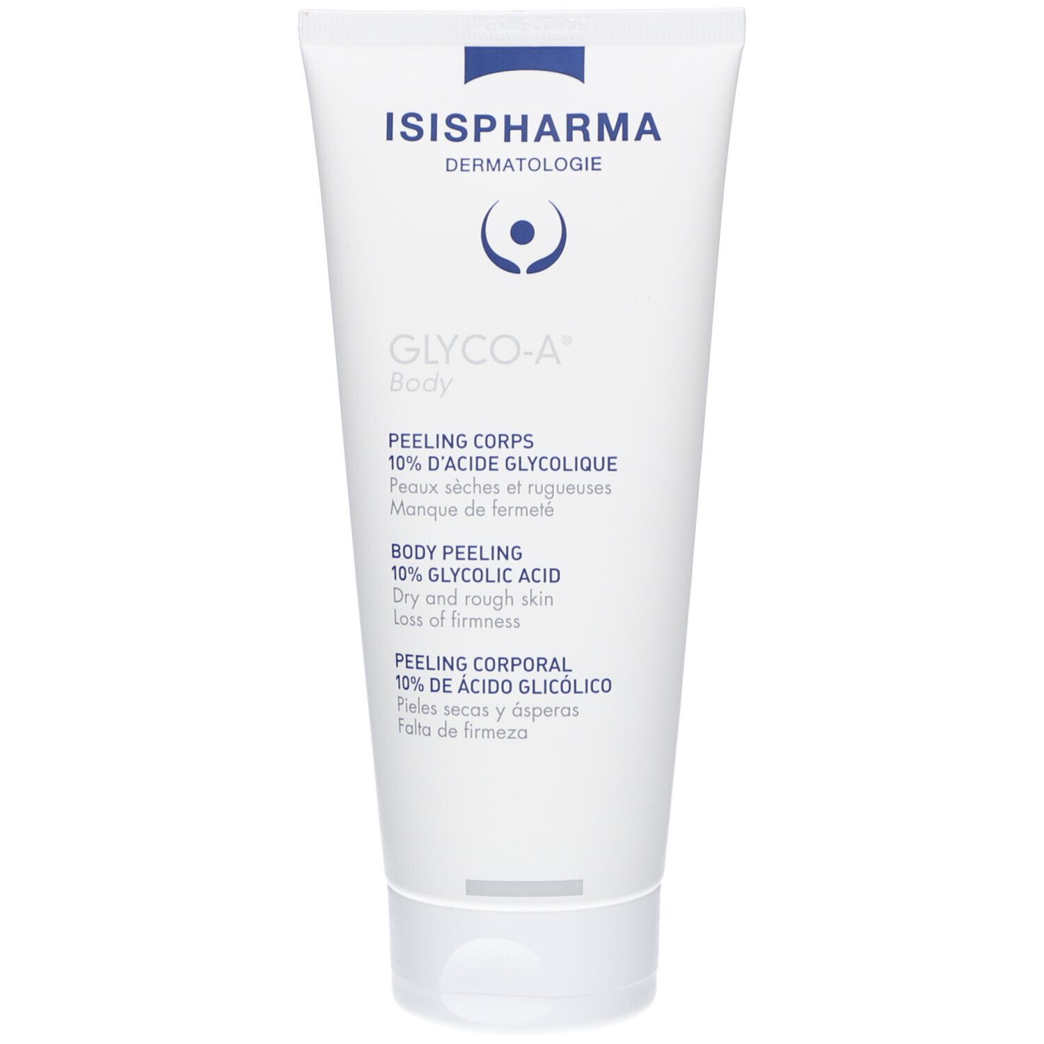 Witte tube met blauwe tekst. Bevat Glyco-A Body. Tekst: Peeling Corps, 10% glycolzuur. Fabrikant: ISISPHARMA.