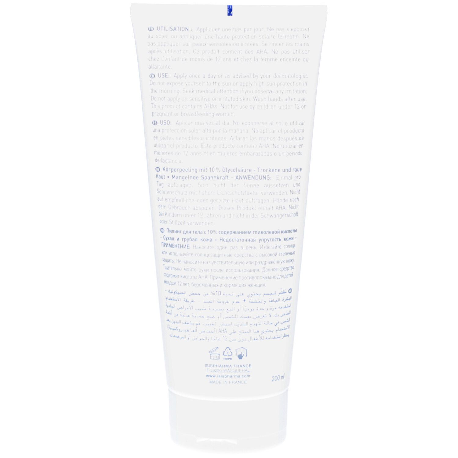 Achterkant van de witte tube. Meertalige tekst. Fabrikantinformatie en gebruiksaanwijzing. Volume: 200 ml.