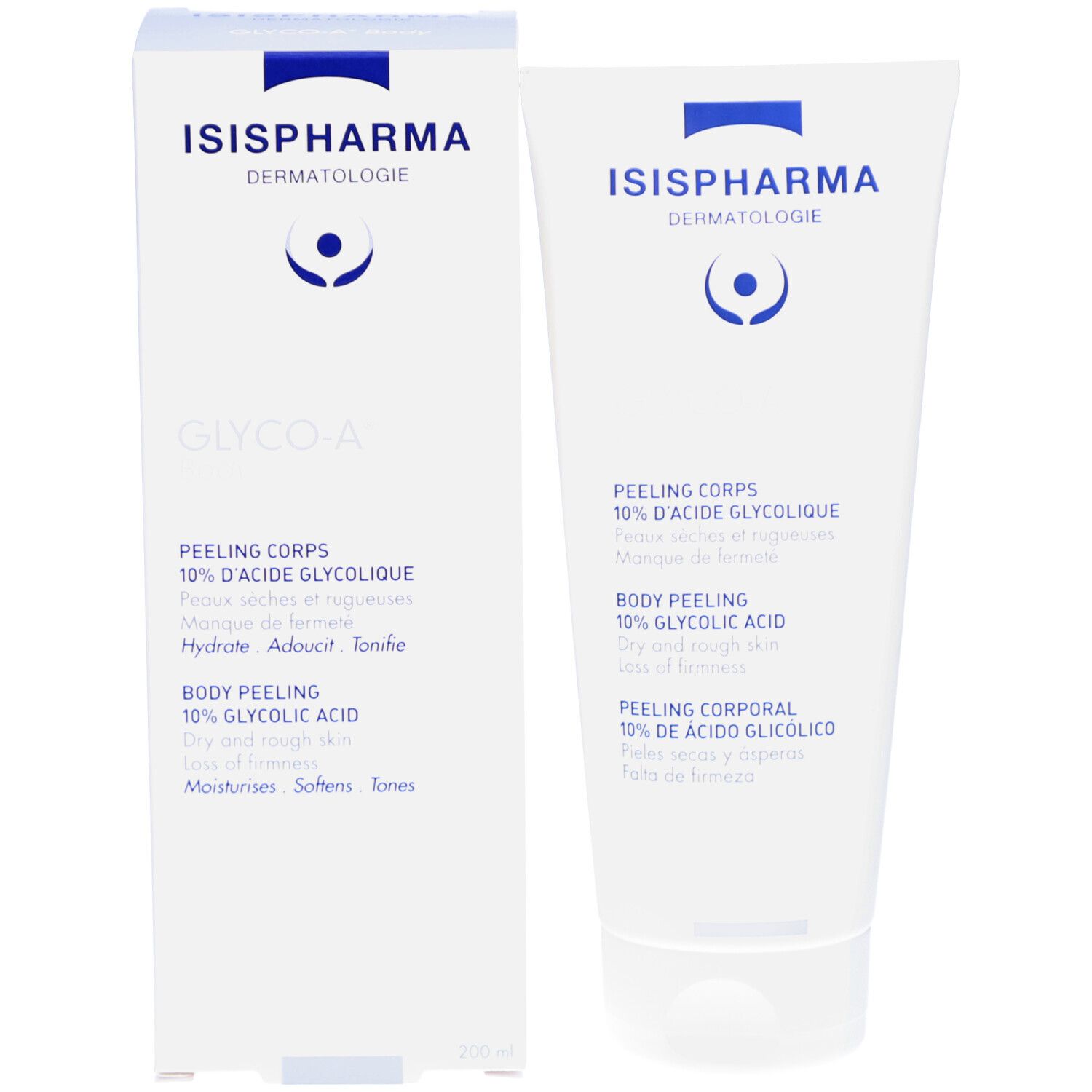 Product en verpakking. Witte tube en doos. Tekst: Glyco-A Body, Peeling Corps, 10% glycolzuur. Fabrikant: ISISPHARMA.