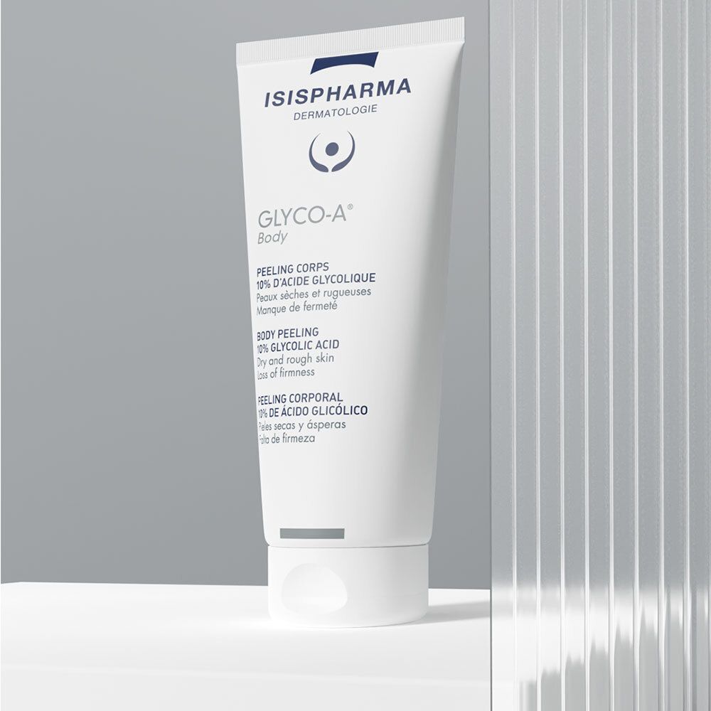Tube blanc Glyco-A Body incliné. Logo ISISPHARMA, nom du produit, texte: Peeling Corps, 10% d'acide glycolique.