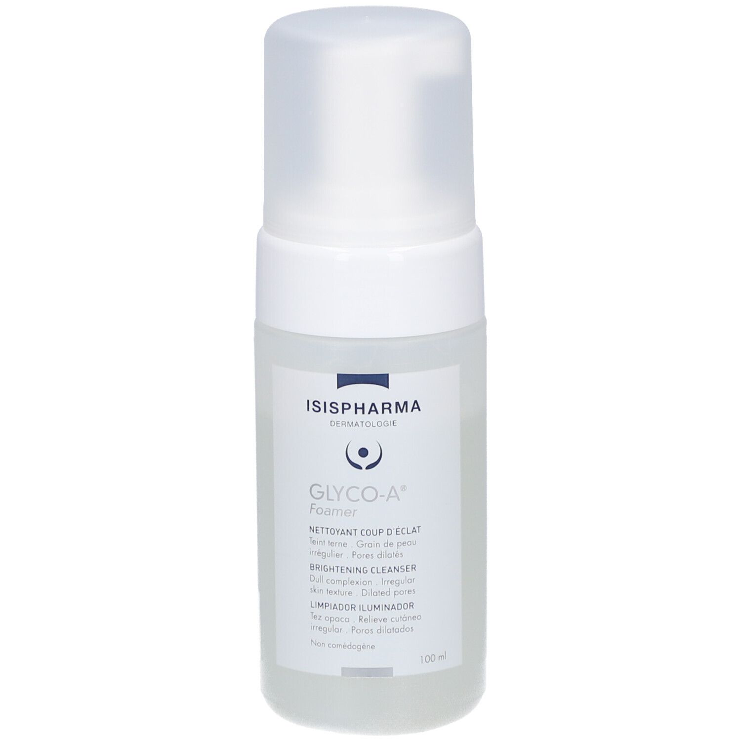 Flacon blanc avec pompe. Inscriptions: ISISPHARMA, GLYCO-A Foamer, Brightening Cleanser. 100 ml.