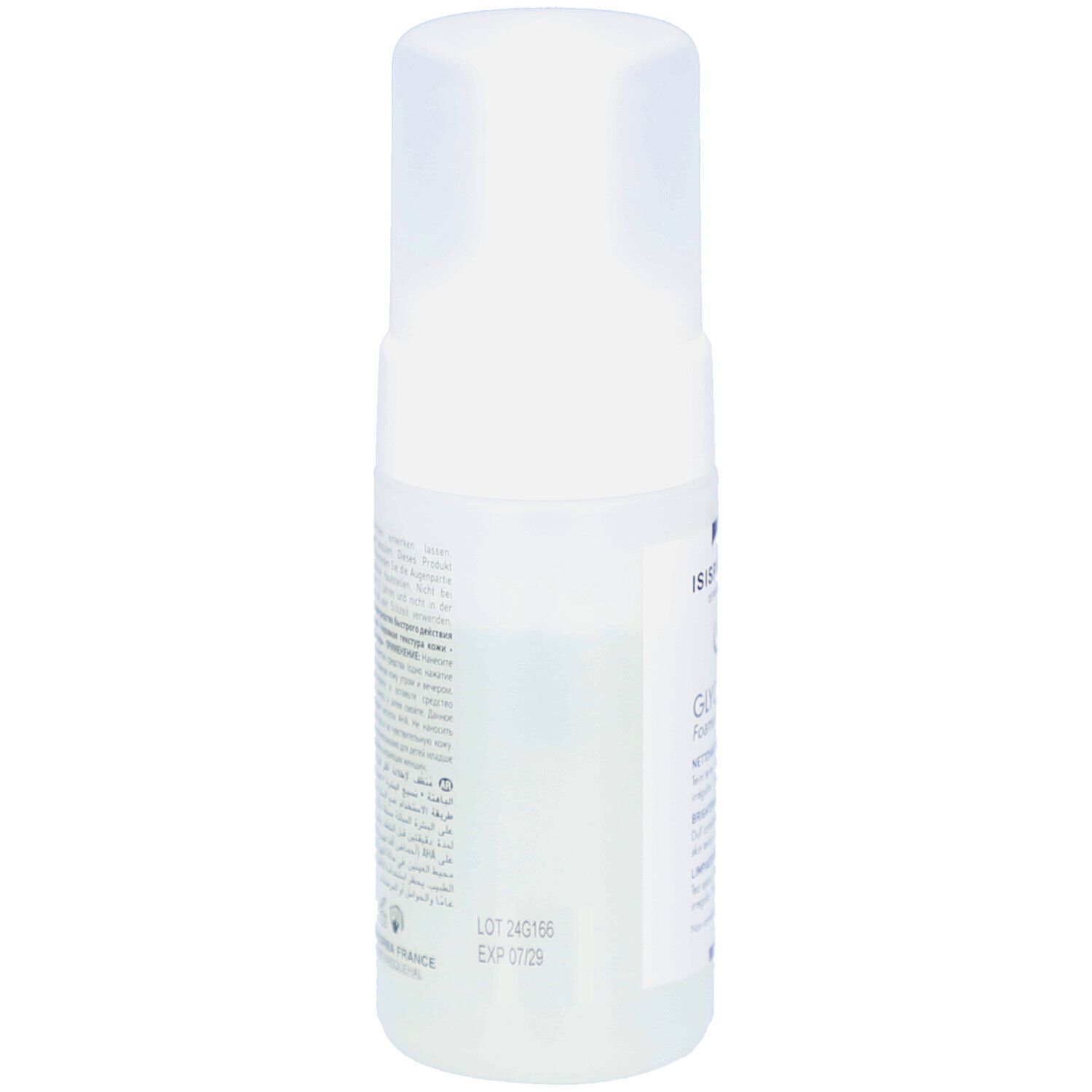 Dos du flacon blanc. Texte multilingue. ISISPHARMA FRANCE. Symboles cosmétiques.