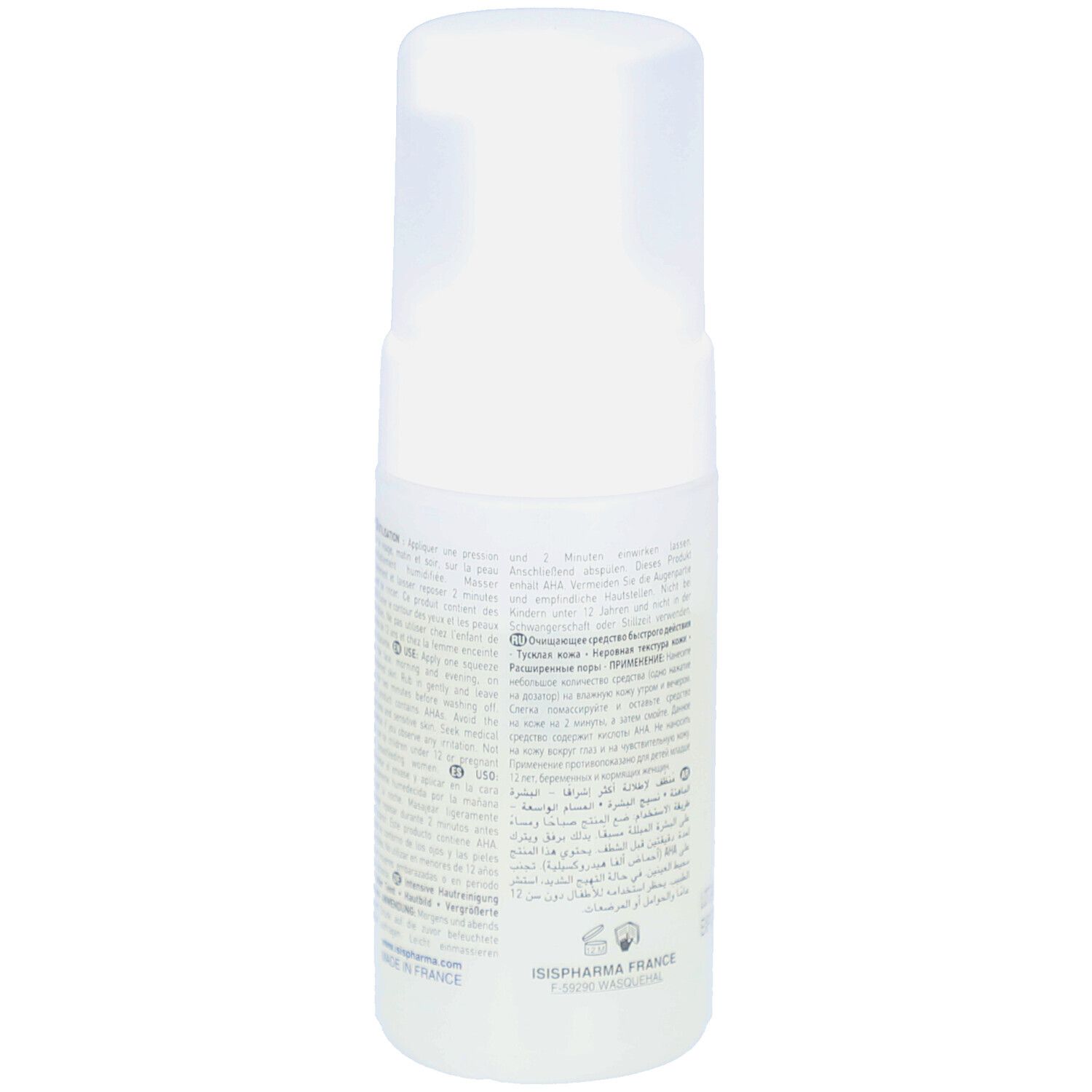 Dos du flacon blanc. Texte multilingue. ISISPHARMA FRANCE. Symboles cosmétiques.