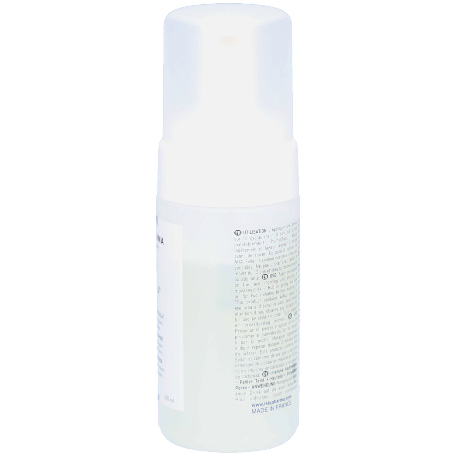 Dos du flacon blanc. Texte multilingue. ISISPHARMA FRANCE. Symboles cosmétiques.