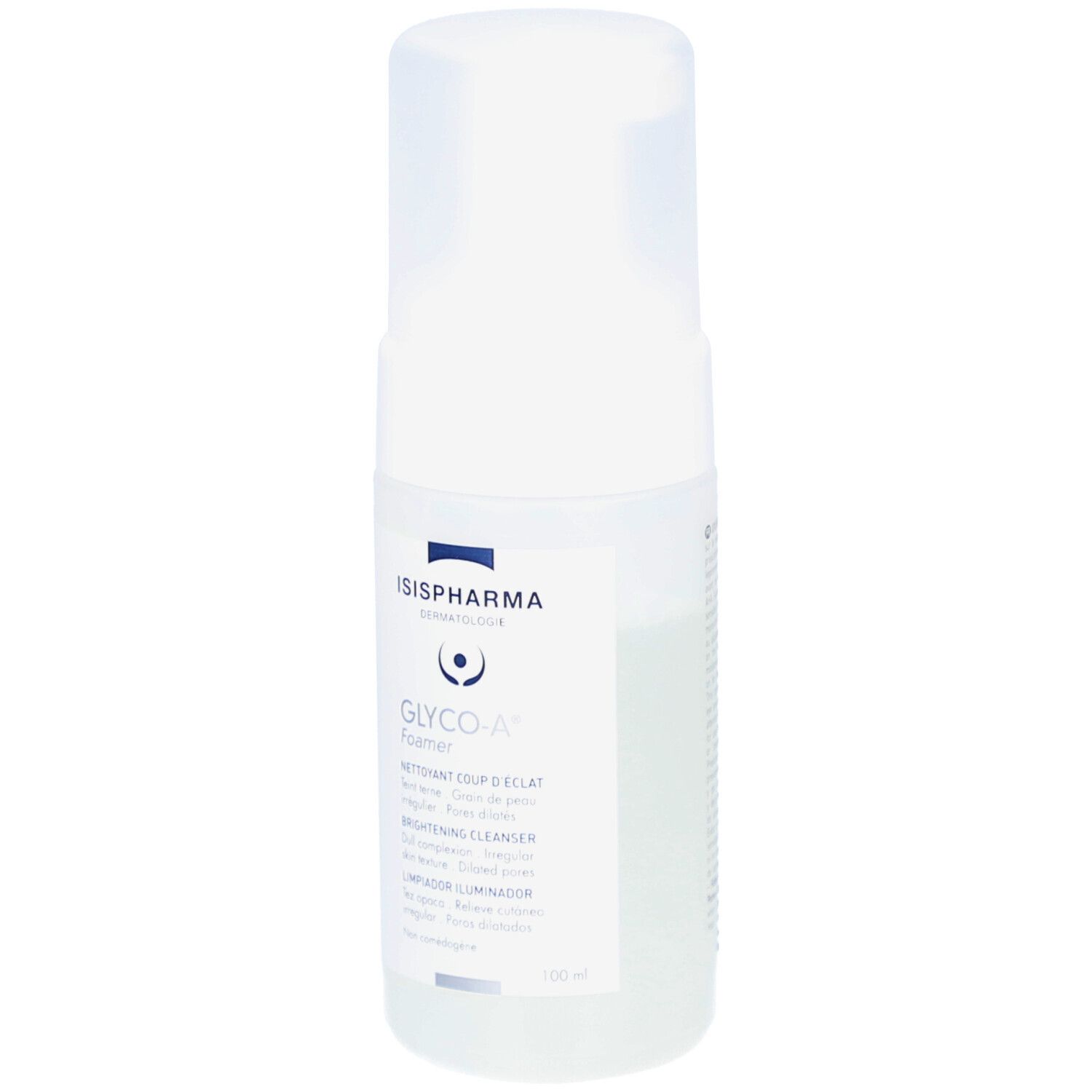 Flacon blanc avec pompe. Inscriptions: ISISPHARMA, GLYCO-A Foamer, Brightening Cleanser. 100 ml.