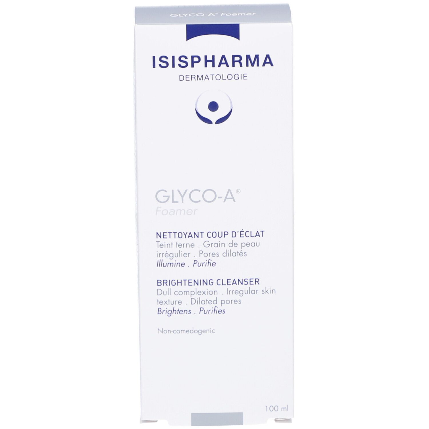 Emballage. Inscriptions: ISISPHARMA, GLYCO-A Foamer, Brightening Cleanser. 100 ml.