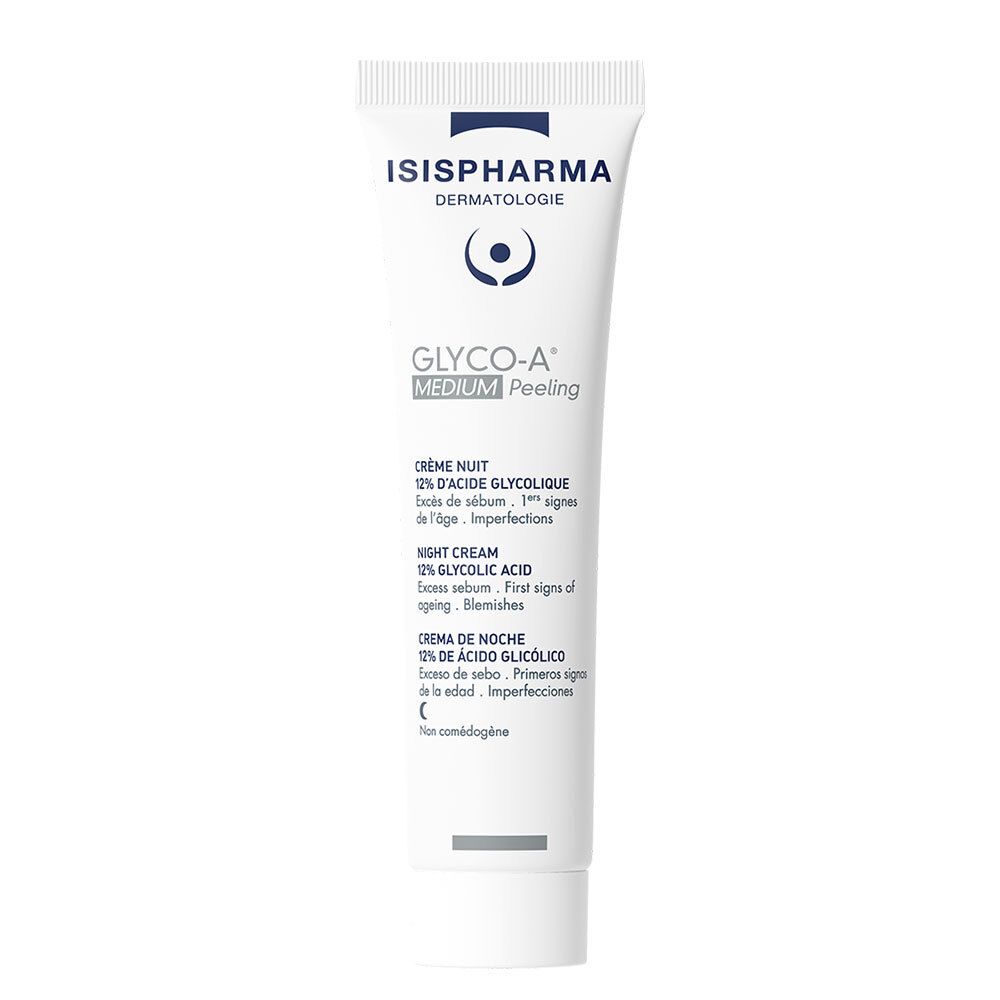 Witte tube met blauwe tekst. ISISPHARMA, GLYCO-A MEDIUM Peeling. Nachtcrème met 12% glycolzuur. Dermatologische verzorging.