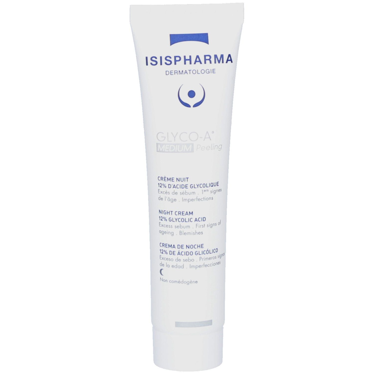 Witte tube met blauwe tekst. ISISPHARMA, GLYCO-A MEDIUM Peeling. Nachtcrème met 12% glycolzuur. Dermatologische verzorging.
