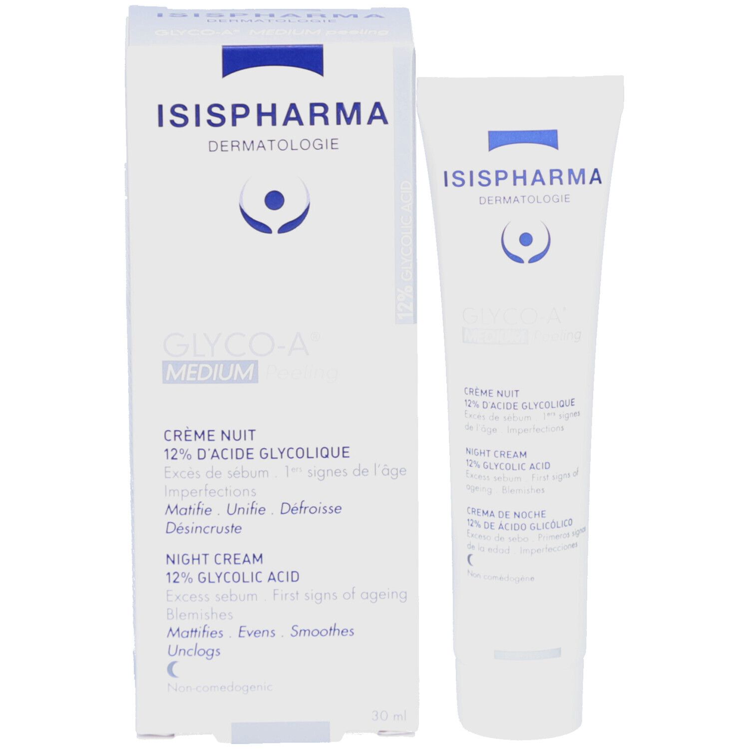 Verpakking en tube. Witte doos en tube. ISISPHARMA, GLYCO-A MEDIUM. Nachtcrème met 12% glycolzuur.