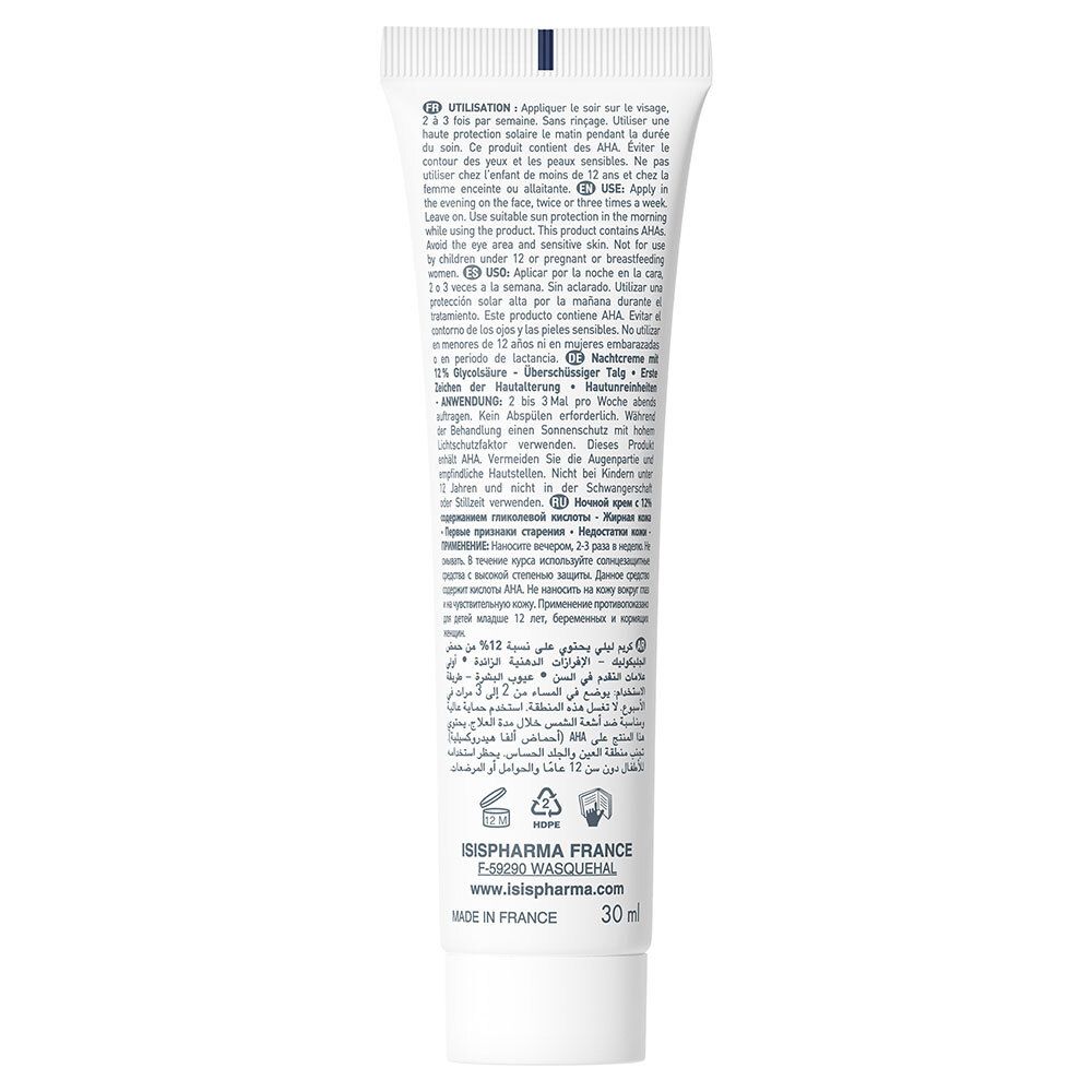 Achterkant van de witte tube. Meertalige tekst. ISISPHARMA, 30ml. Gemaakt in Frankrijk. Gebruiksaanwijzing.