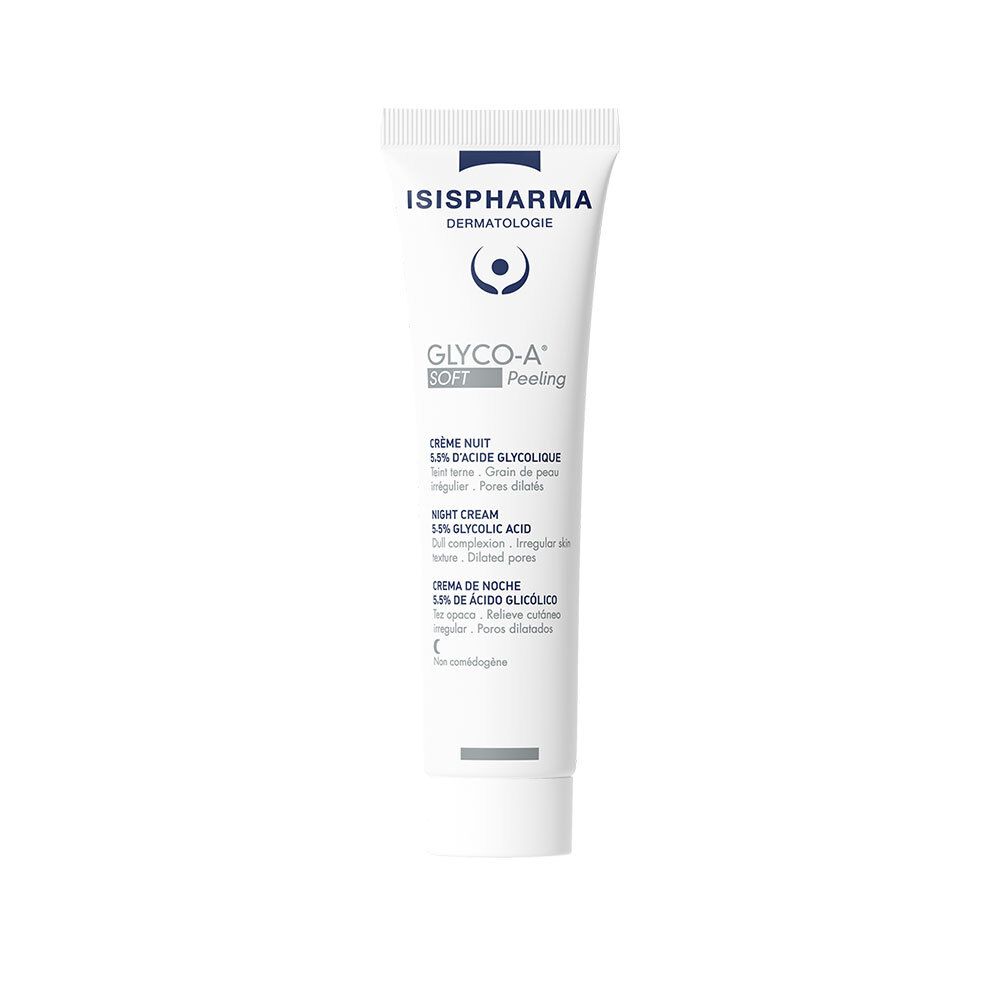 Tube blanc ISISPHARMA GLYCO-A Soft Peeling. Crème Nuit, 5.5% Acide Glycolique. Inscription en plusieurs langues.
