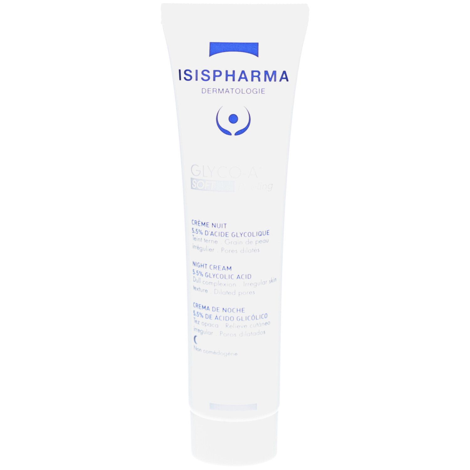 Tube blanc avec logo ISISPHARMA et GLYCO-A Soft Peeling. Crème Nuit, 5.5% Acide Glycolique. Nom et marque.