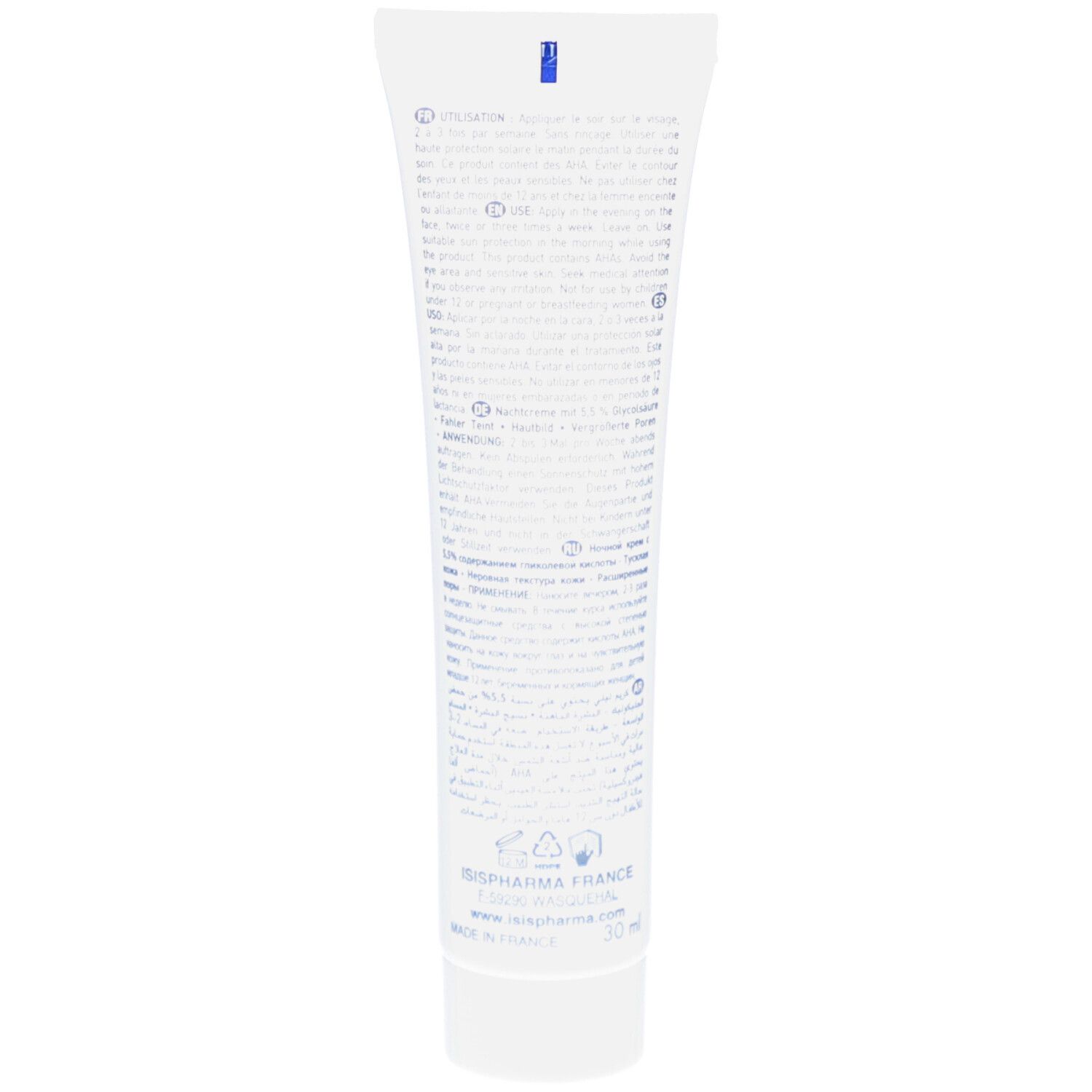 Dos du tube blanc. Texte multilingue : instructions d'utilisation, ingrédients. Logo ISISPHARMA et informations.